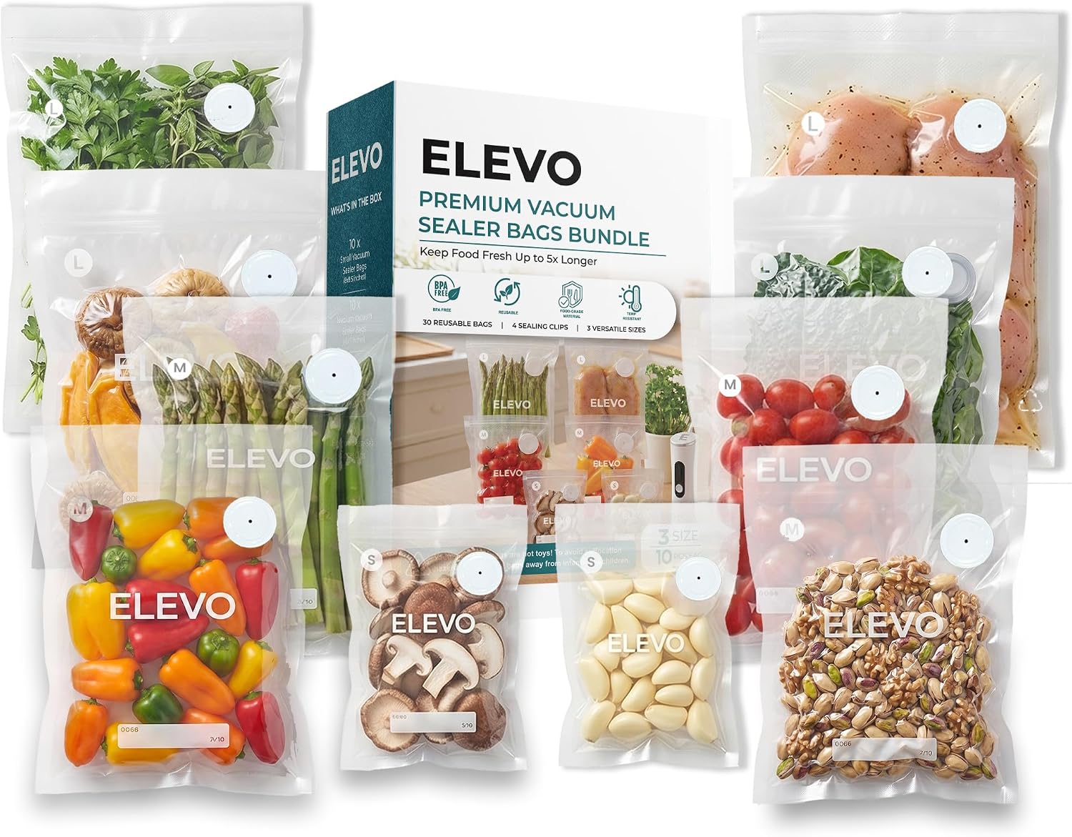 ELEVO Reusable Vacuum Sealer Bags (30-Pack) with 4 Sealing Clips – Microwave & Dishwasher Safe, Heavy-Duty Food Storage for Kitchen – 3 Assorted Sizes