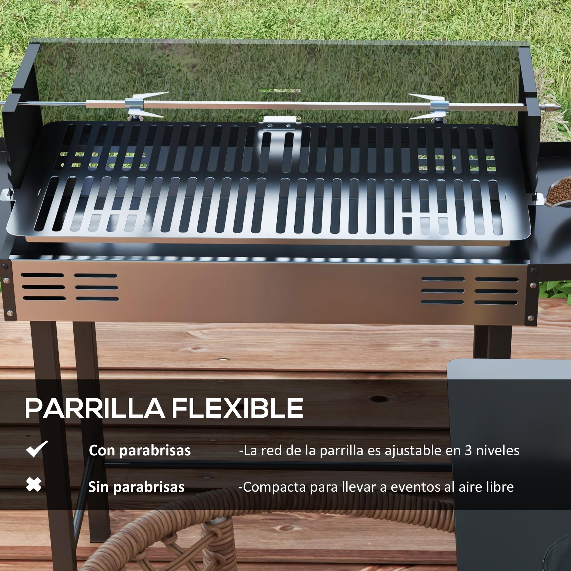 Outsunny Barbacoa de Carbón Barbacoa Portátil 118x32x90 cm Parrilla Negro | Pincho Giratorio, Ajustable en Altura de 3 Posiciones, Estantes Plegables, Paravientos, Picnic Camping Jardín