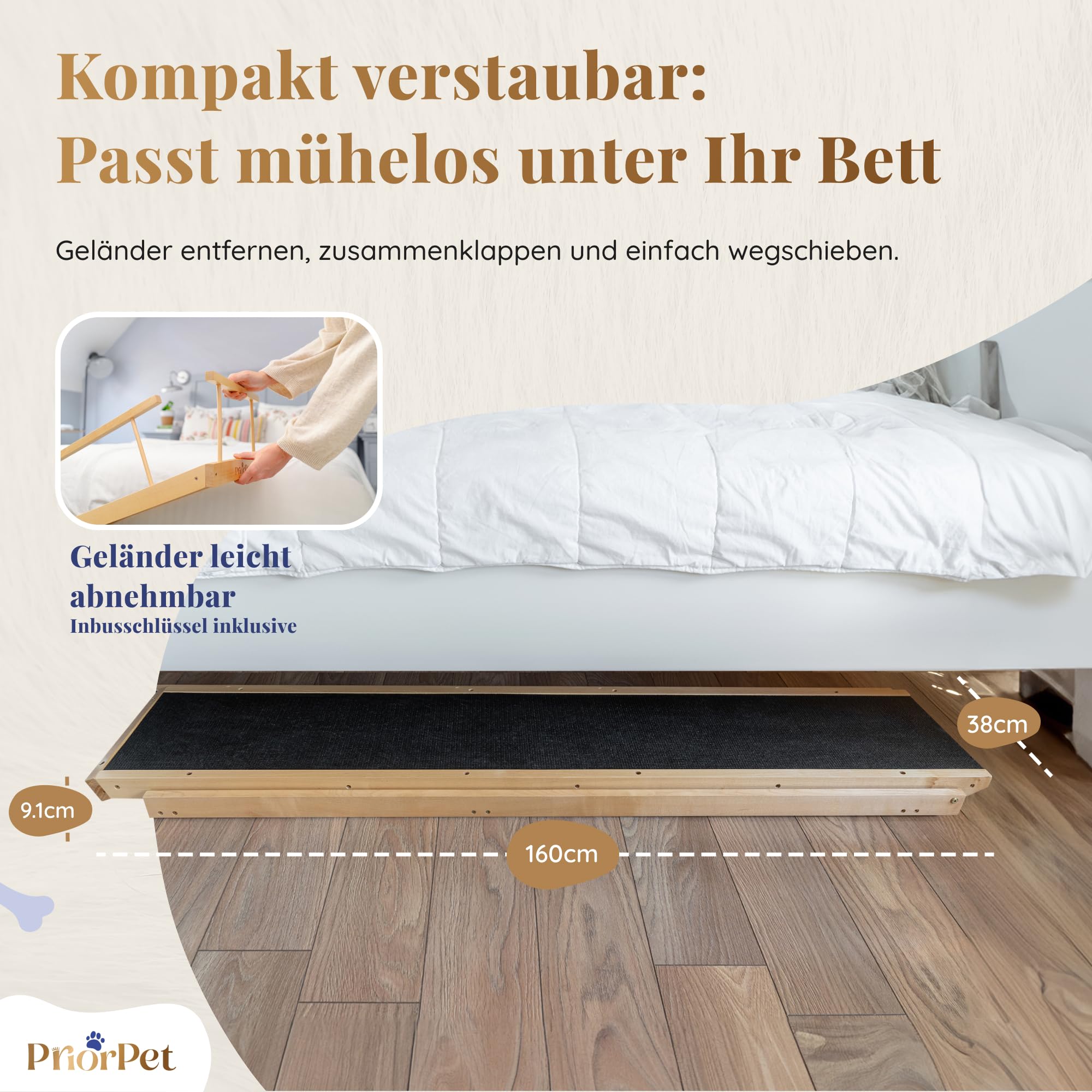 Hunderampe Bett PRIORPET aus Birkenholz mit Sicherheitsgeländer - Höhenverstellbare hundetreppe für Betten bis zu 94.5cm - Klappbar - Anti-Rutsch-Griff - Für kleine Hunde bis zu 23kg - Naturel