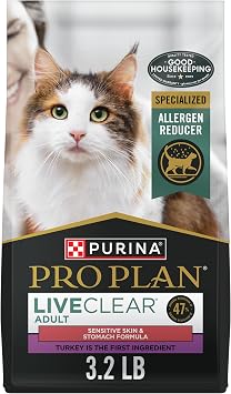 Purina Pro Plan Allergen Reducing, Sensitive Skin & Stomach, High Protein Cat Food, LIVECLEAR Turkey and Oatmeal Formula - 3.2 lb. Bag