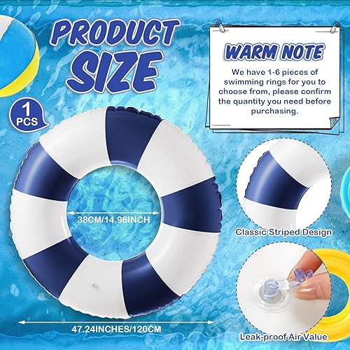 Miniatura 2 de Flotador inflable jumbo de 47.24 pulgadas, tubos de piscina, anillos clásicos a rayas para adolescentes y adultos, tubo interior inflable para