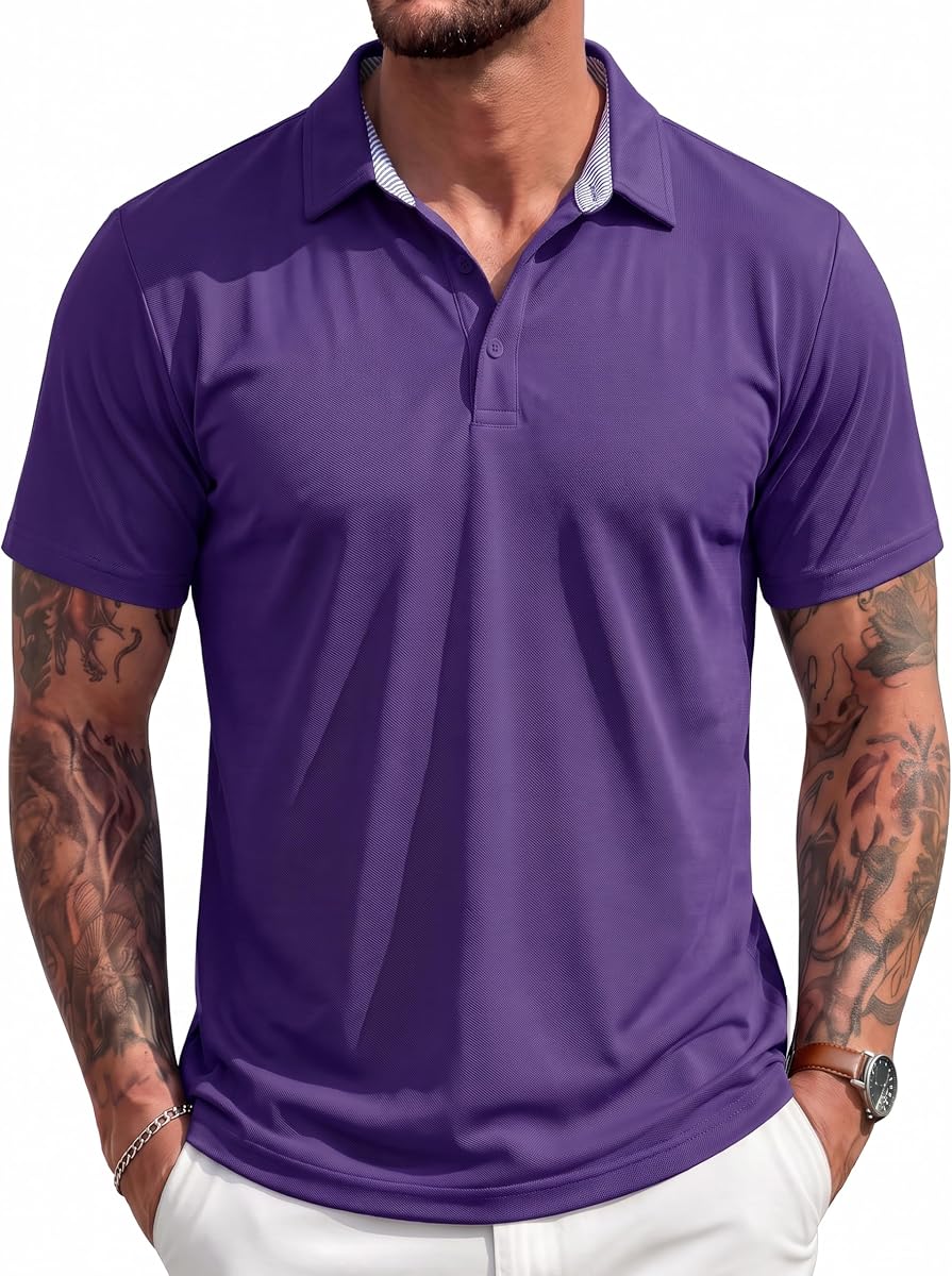 MAGCOMSEN Men's Polo Shirts Short Sleeve Cotton Pique 3 Button Classic Fit Casual T-Shirt Performance Golf Shirts