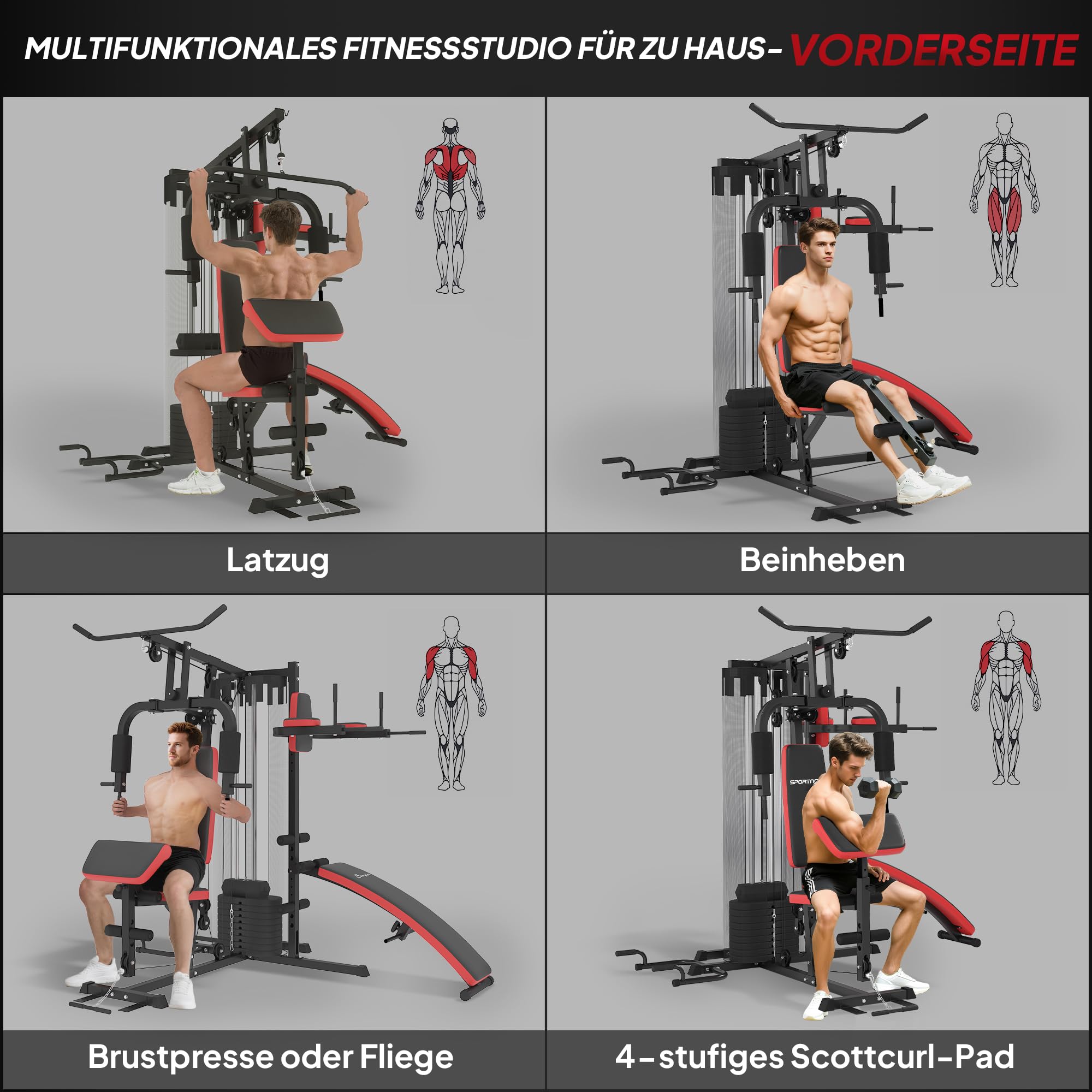 SPORTNOW Stacja siłowa, wielofunkcyjna stacja fitness z drążkiem butterfly i ściągania górnego, curler, prasa piersiowa, ławka do brzuszków, urządzenie fitness z blokami obciążeniowymi 65 kg, osłona