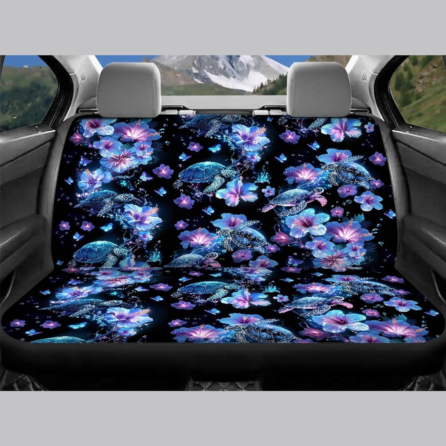 Hibiscus Sea Turtle Print Universal Car Seat Covers Set of 4,Front and Split Rear Seat Covers,Fashion Car Interior Accessories Decor