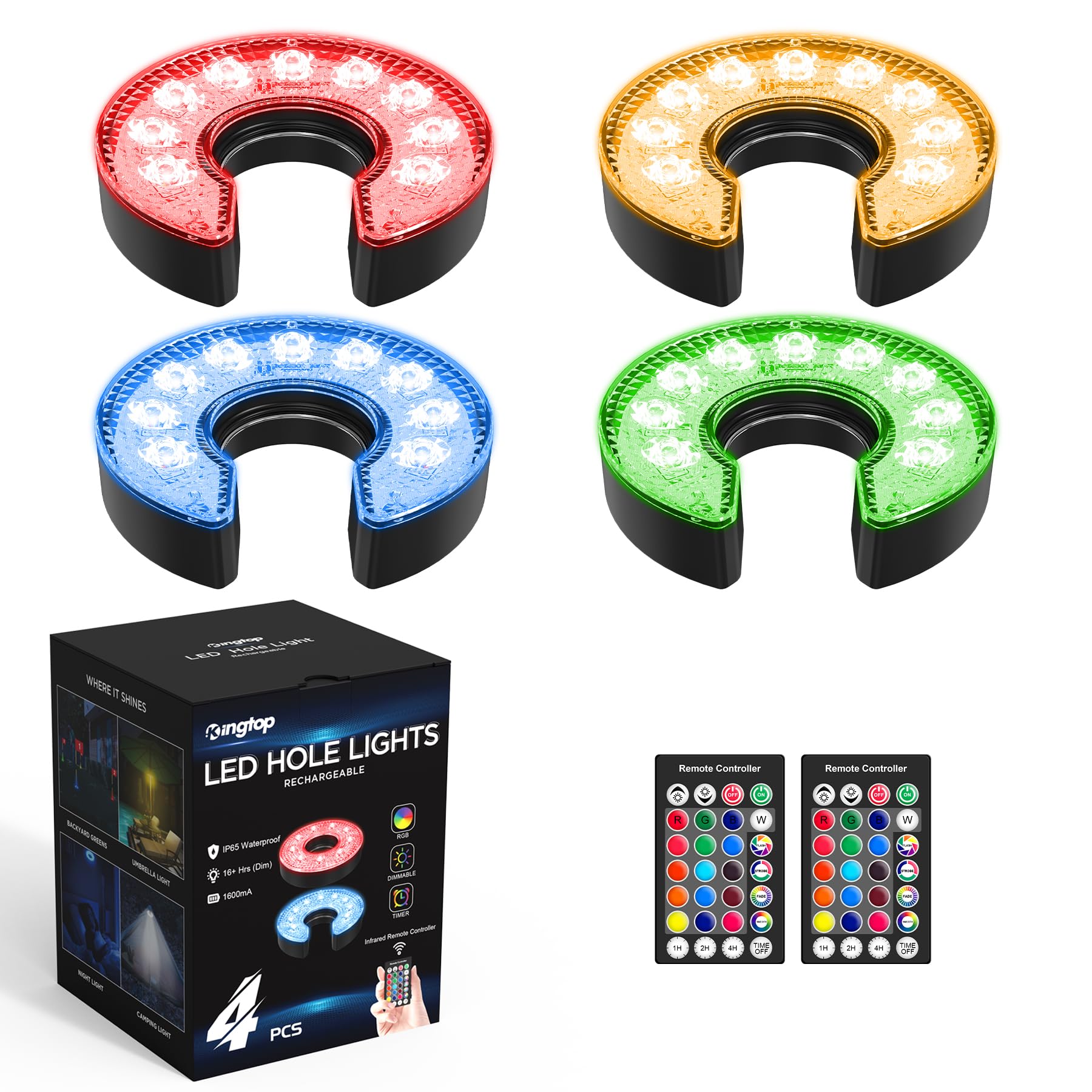 Photo 1 of KINGTOP Rechargeable LED Golf Hole Light - Waterproof, Focused Illumination Lens, Remote-Controller, Perfect for Backyard Night Golf Practice Putting Green, Camping, Outdoor Party, C-4Pack
