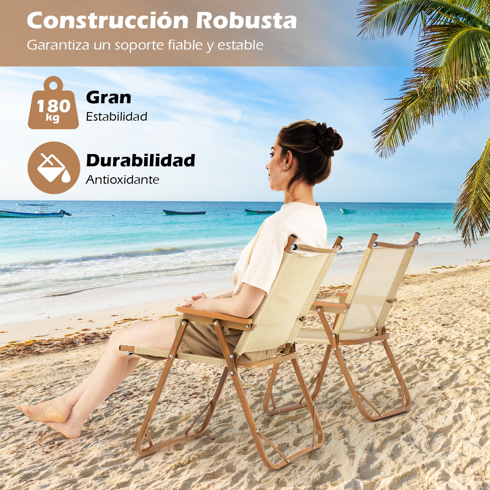 COSTWAY 2 Sillas Plegables Camping, Estructura de Aluminio, Tela Texiliene, Silla Pórtatil con Reposabrazos Playa Piscina Jardin Terraza Exteriores y Interiores, 64 x 53 x 77 cm, Carga 180kg