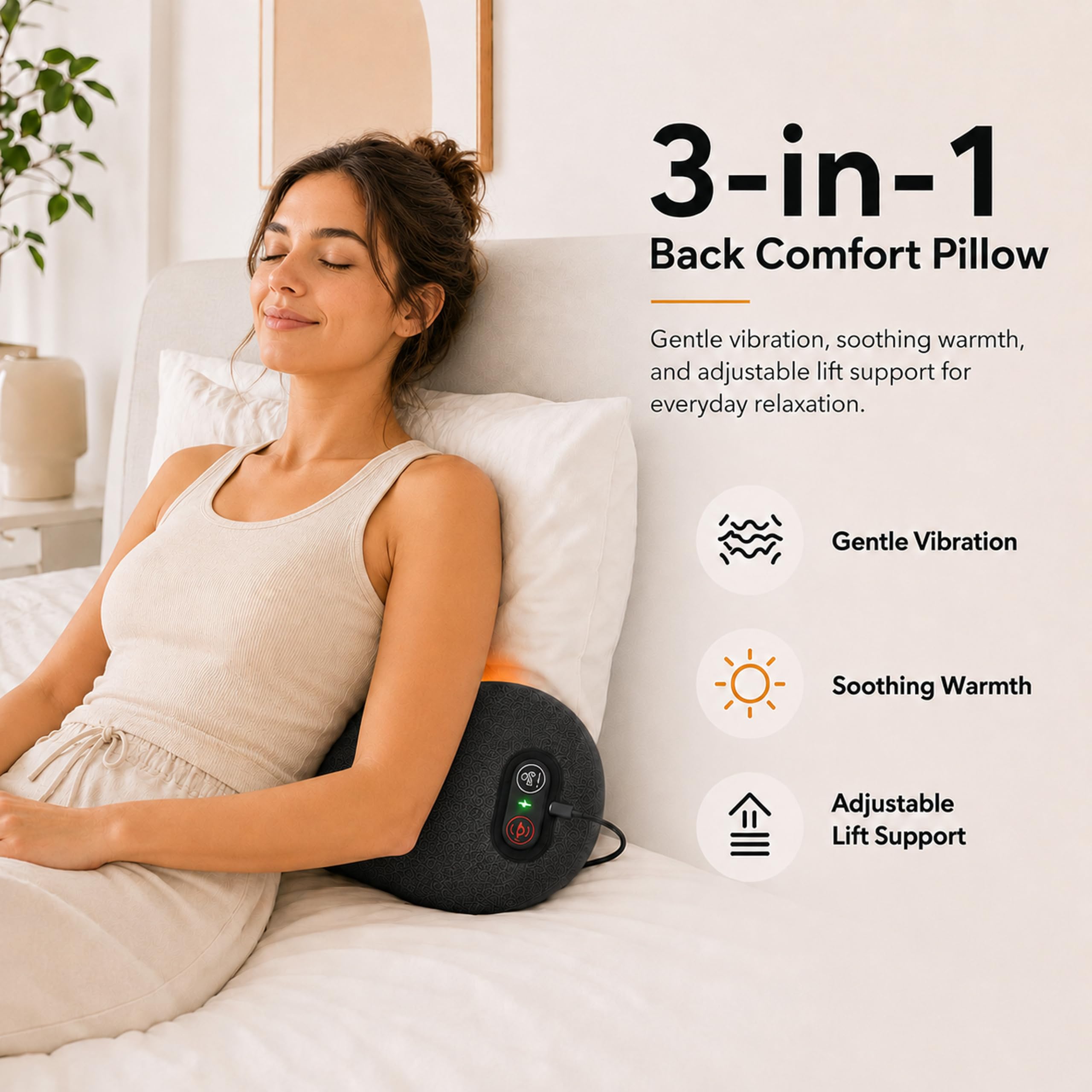 Cuscino massaggiatore elettrico 3 in 1 per schiena, ergonomico, con supporto lombare regolabile e calore delicato, comodo cuscinetto alimentato tramite USB, per letto, sedia e scrivania