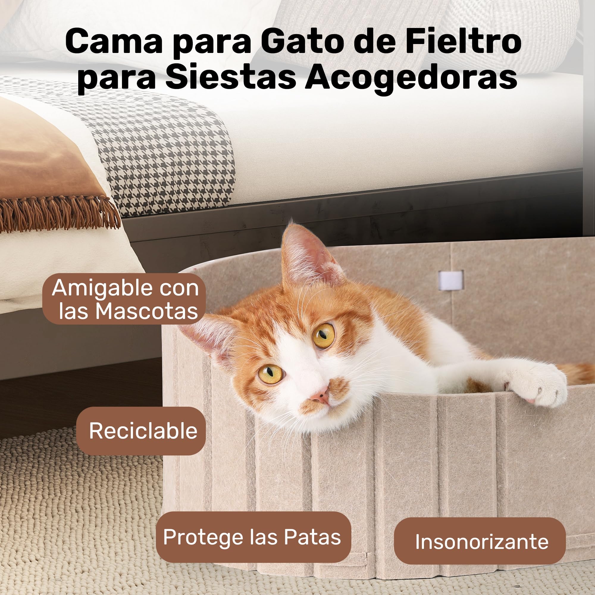 FUKUMARU Caseta para Gatos Interior - Cama Extragrande de 60 cm con cojín de Peluche imitación Conejo, sofá o casa Ovalada de Fieltro para Gatos domésticos, Beige