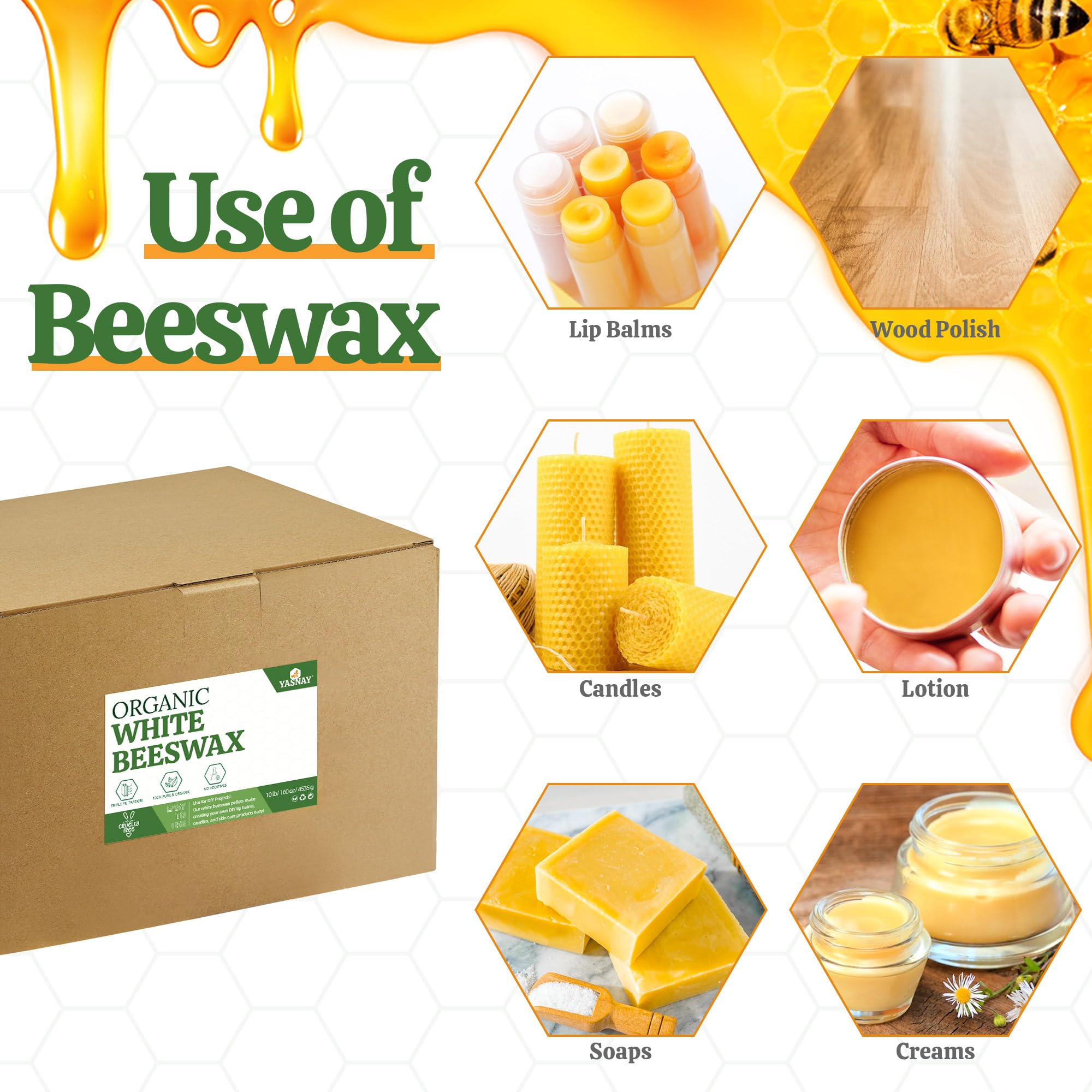 YASNAY White Beeswax Pellets 10LB, 100% Organic Beeswax, Beeswax for Candle Making, Body, Skin Care DIY, Lip Balm and Soap Making Supplies