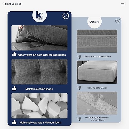 Miniatura 8 de KINGYES Sofá cama plegable, silla convertible con almohada, futón individual plegable, sofá de piso para sala de estar, color gris