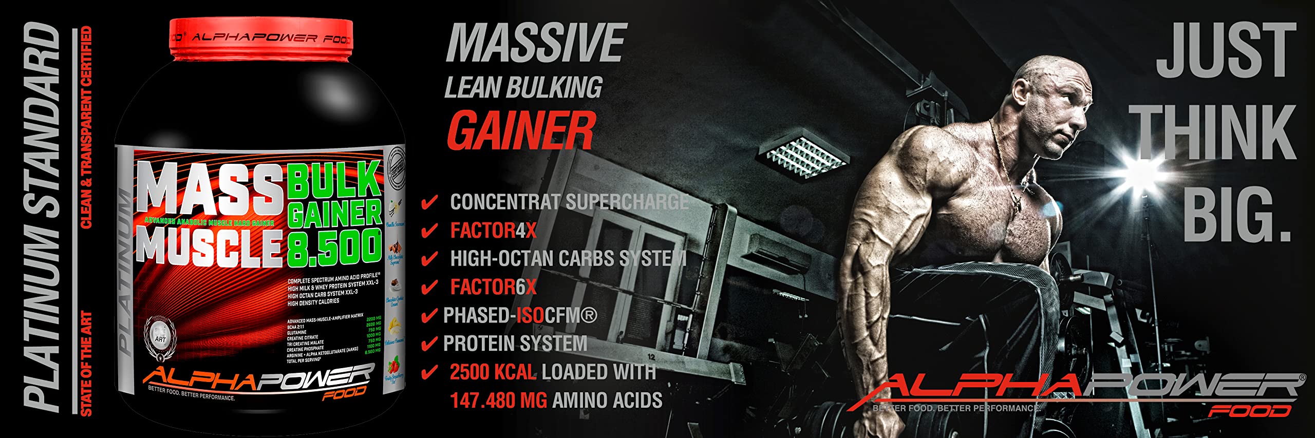 ALPHAPOWER FOOD Maas - Whey, Muscle Weight Gainer I Mega, Muskelmasse & Muskelaufbau - Protein - Eiweiß, Kohlenhydrate – Pulver - Shake für Hardgainer, 2kg Vanille + Creatin, Bcaa, MCT Öl