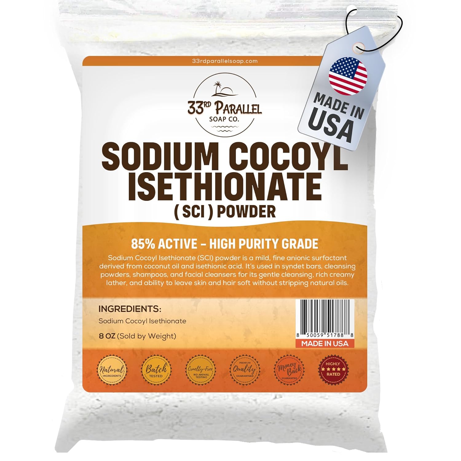 Sodium Cocoyl Isethionate (SCI) Powder (8oz) | Natural Gentle Coconut-Based Cleanser, Sulfate-Free Surfactant for Shampoo Bars, Body Wash, Facial Cleanser & Syndet Bars | 8 OUNCES