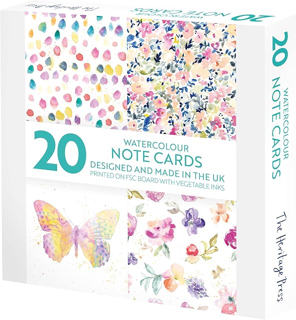 The Heritage Press 20 Watercolour flowers and butterfly Note Cards with Envelopes, Size 150x150mm - Eco-friendly - Printed with Vegetable Inks - Made in the UK - Pack of 20