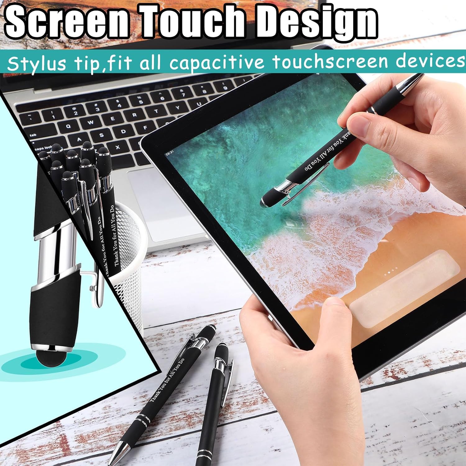 Seajan 36 Pcs Employee Appreciation Gift Pens - Black Ballpoint Pens with Touch Screen Stylus - Thank You Quotes - Metal Body - Fine Point - Unisex - Both Hand Orientation