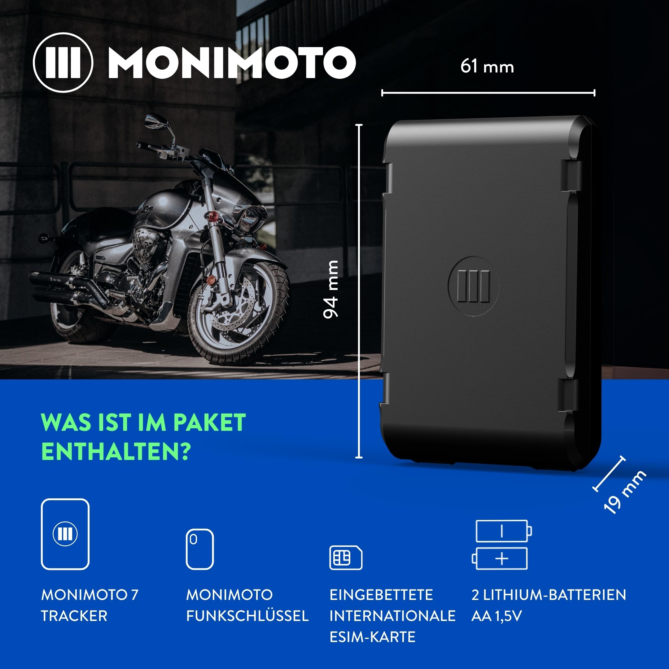 MoniMoto 7 GPS Tracker Motorrad - Diebstahlwarnanlage mit DIY-Installation, Keine Verkabelung erforderlich - Ortungsgerät für Autos, Roller, Quads, ATV, Schneemobile