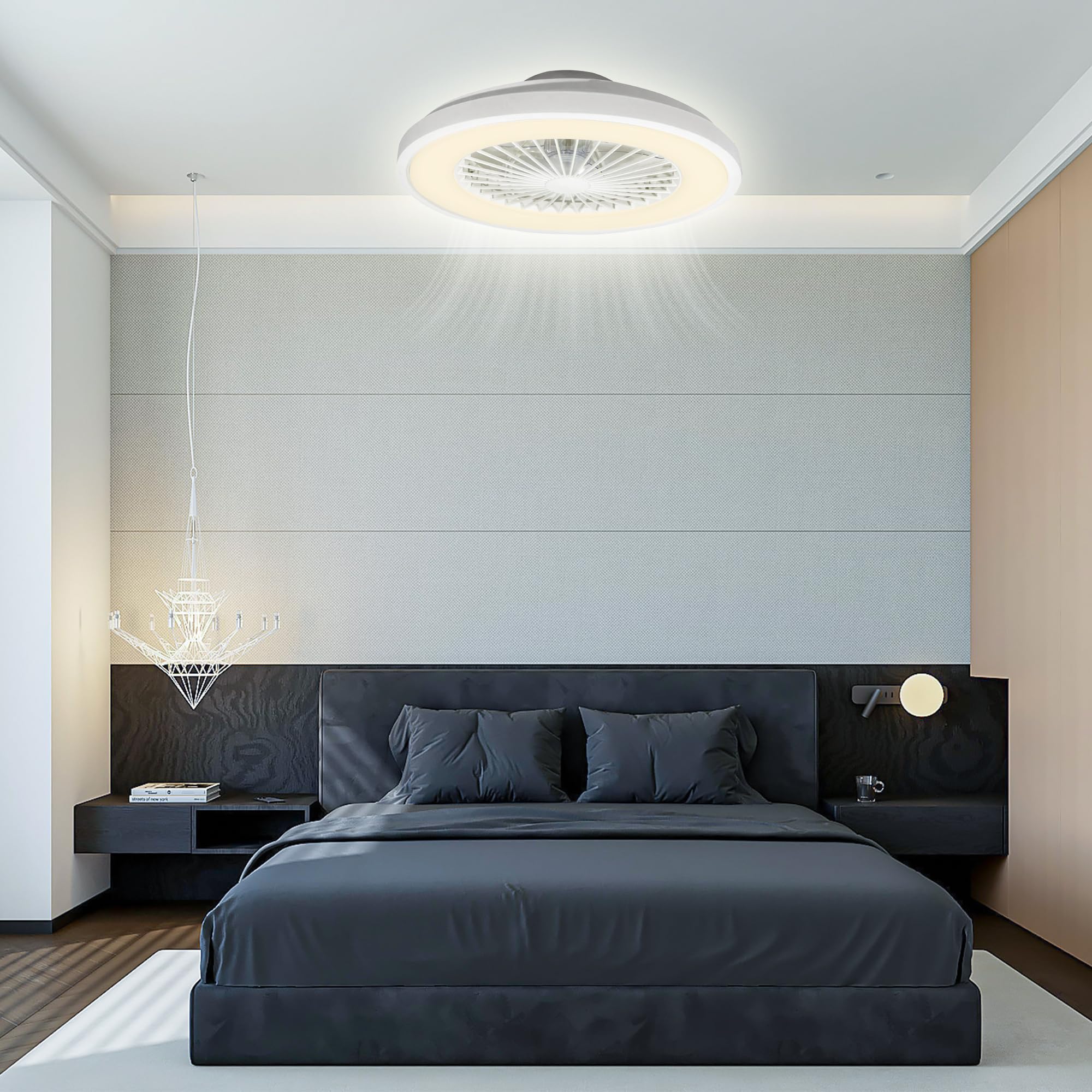 Zephir Ventilatore Plafoniera LED 30W, Luce Bianca CCT, 6 Velocità, Timer, Funzione Reverse E Notturna, 7 Pale Trasparenti, 14.5x48.5 Cm