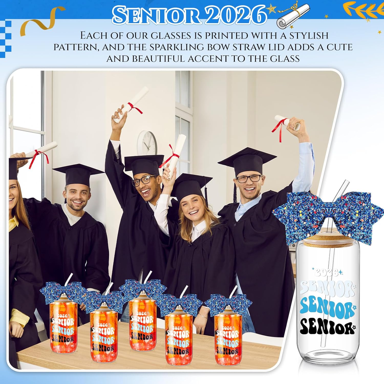 Hushee 6 Set Class of 2026 Senior Night Gifts 16 oz Glass Water Bottle with Lids Straws Glitter Bow Straw Topper Senior 2026 Tumbler Graduation Gift for Her Women Team Coach Player(Blue)