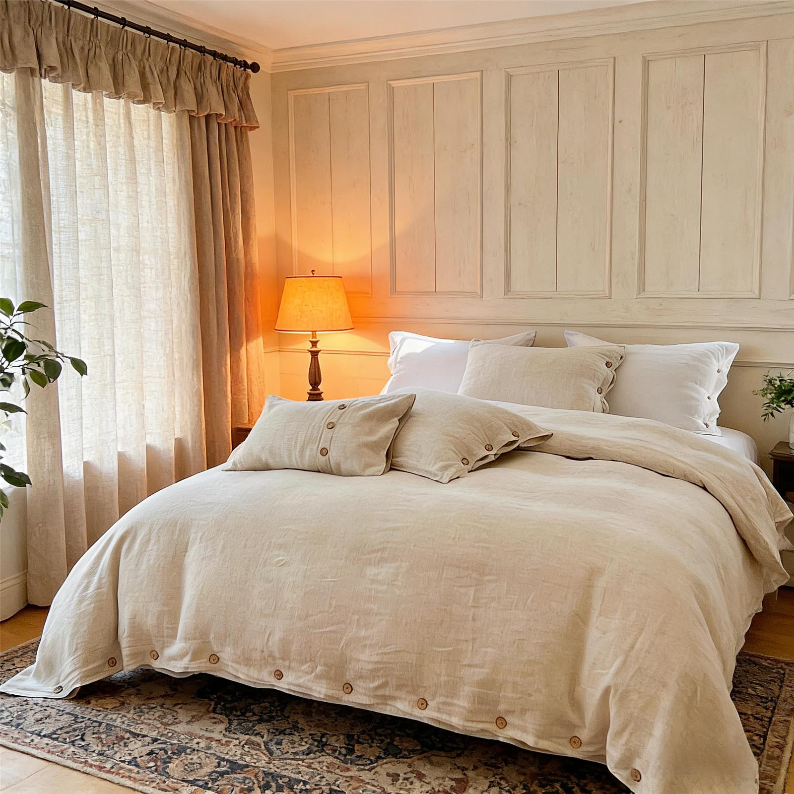 Simple&Opulence 100% Linen Duvet Cover Set 3pcs with Coconut Button Closure Natural French Washed Flax Solid Color Soft Breathable Farmhouse Bedding - Linen, Full Size