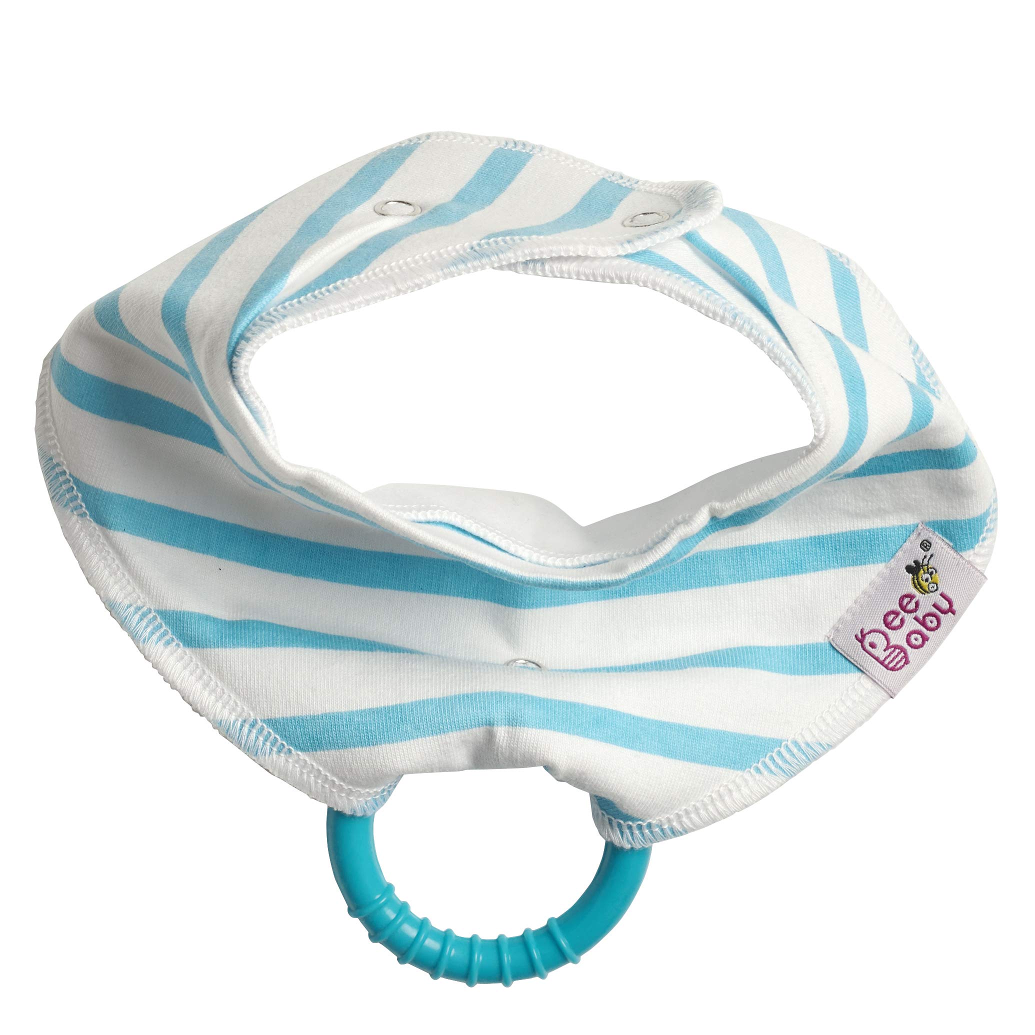 BeeBaby Super Absorbent & Soft Bandana Bib with Snap-On Teether. 100% Waterproof & Washable. (Blue & White - Stripes) 3M+ 3