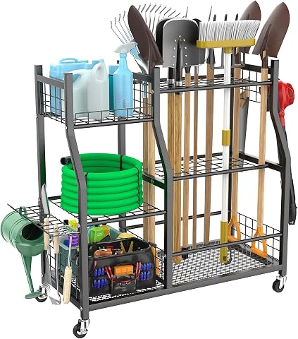 WALMANN Garden Tool Organizer with Wheels for Garage, Large Storage Capacity, Rakes/Shovels/Yard Tools Storage Stand for Shed, Ga…