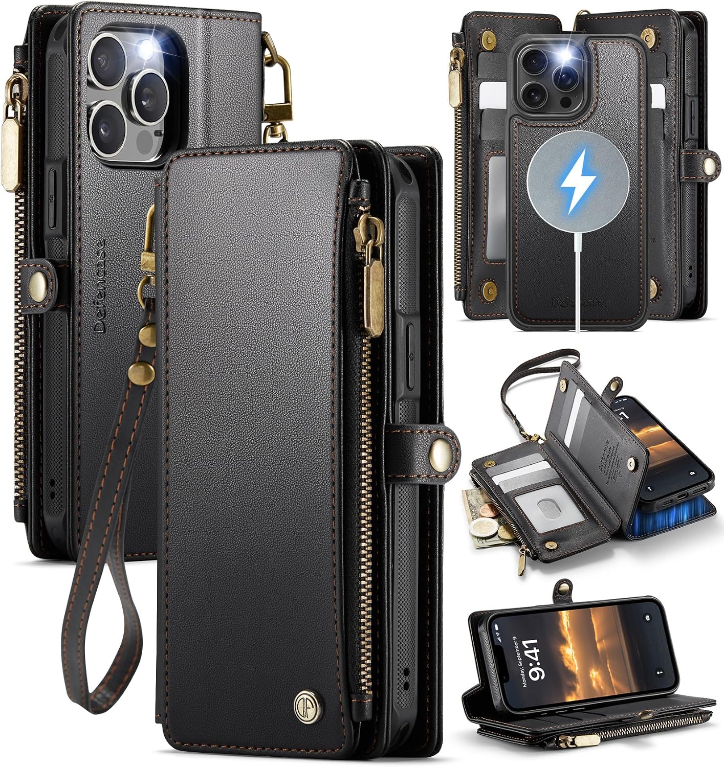 Defencase for iPhone 13 Pro Max Case Wallet Compatible with Magsafe, Black