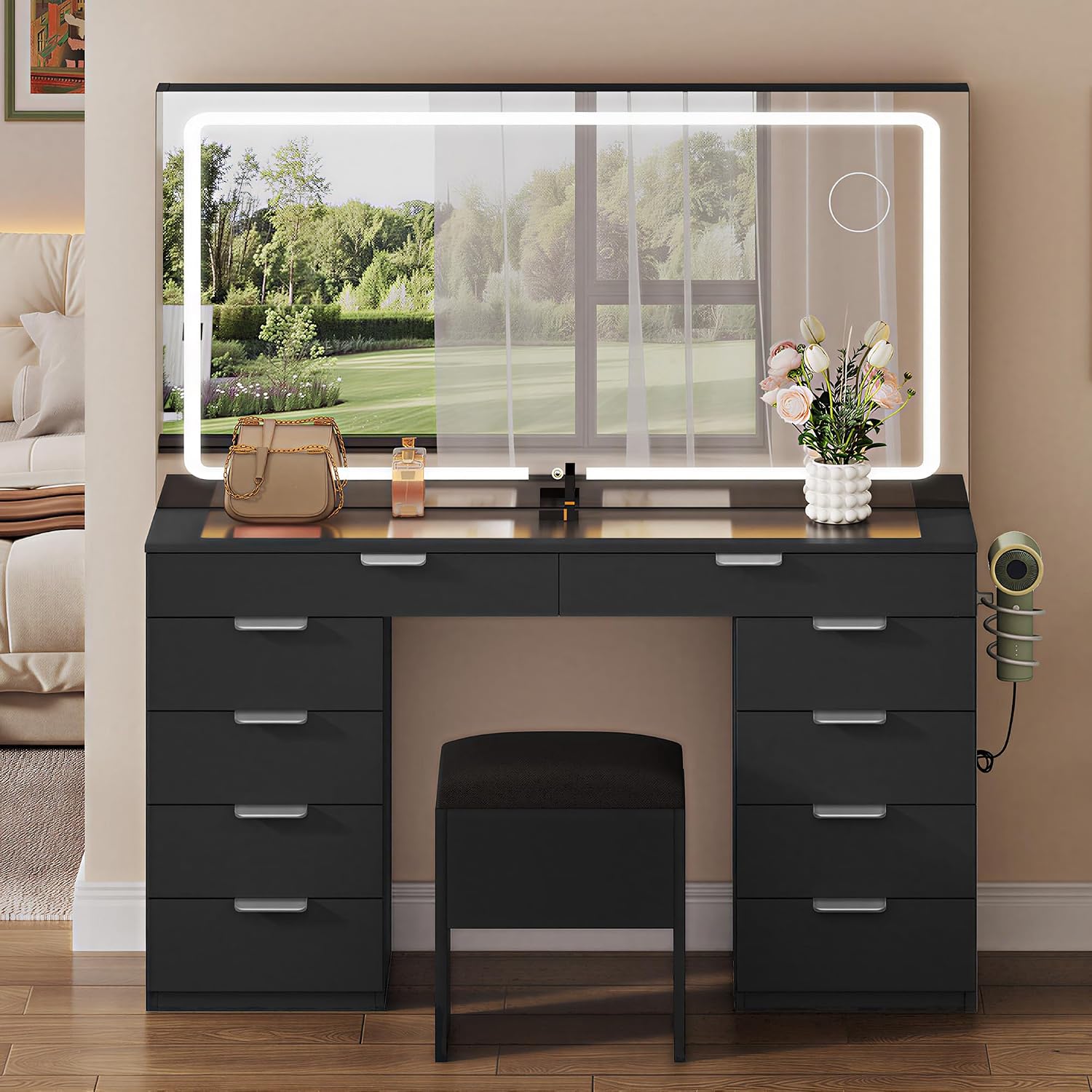 YITAHOME Makeup Vanity Table with Glass Top, 10 Drawers & Storage Stool, Makeup Desk with Smart Mirror, Touch LED Lights, Charging Ports & Hair Dryer Holder