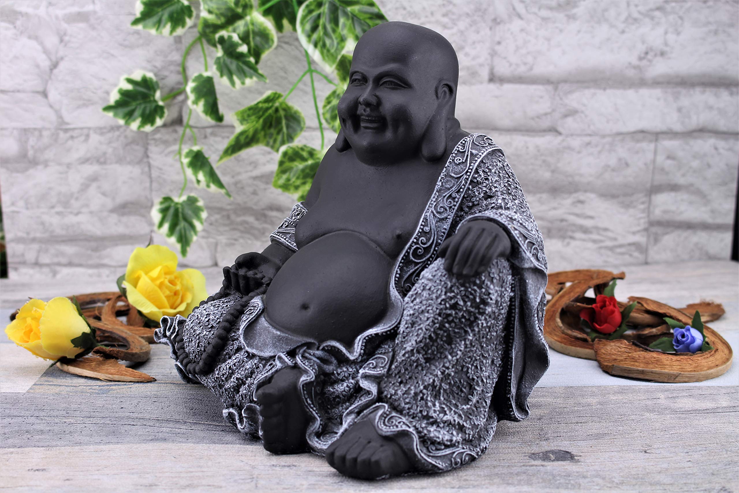 Steinfigur Buddha, 197/1 Glücksbuddha Gartenfigur Steinguss Statue Basaltgrau Schwarz