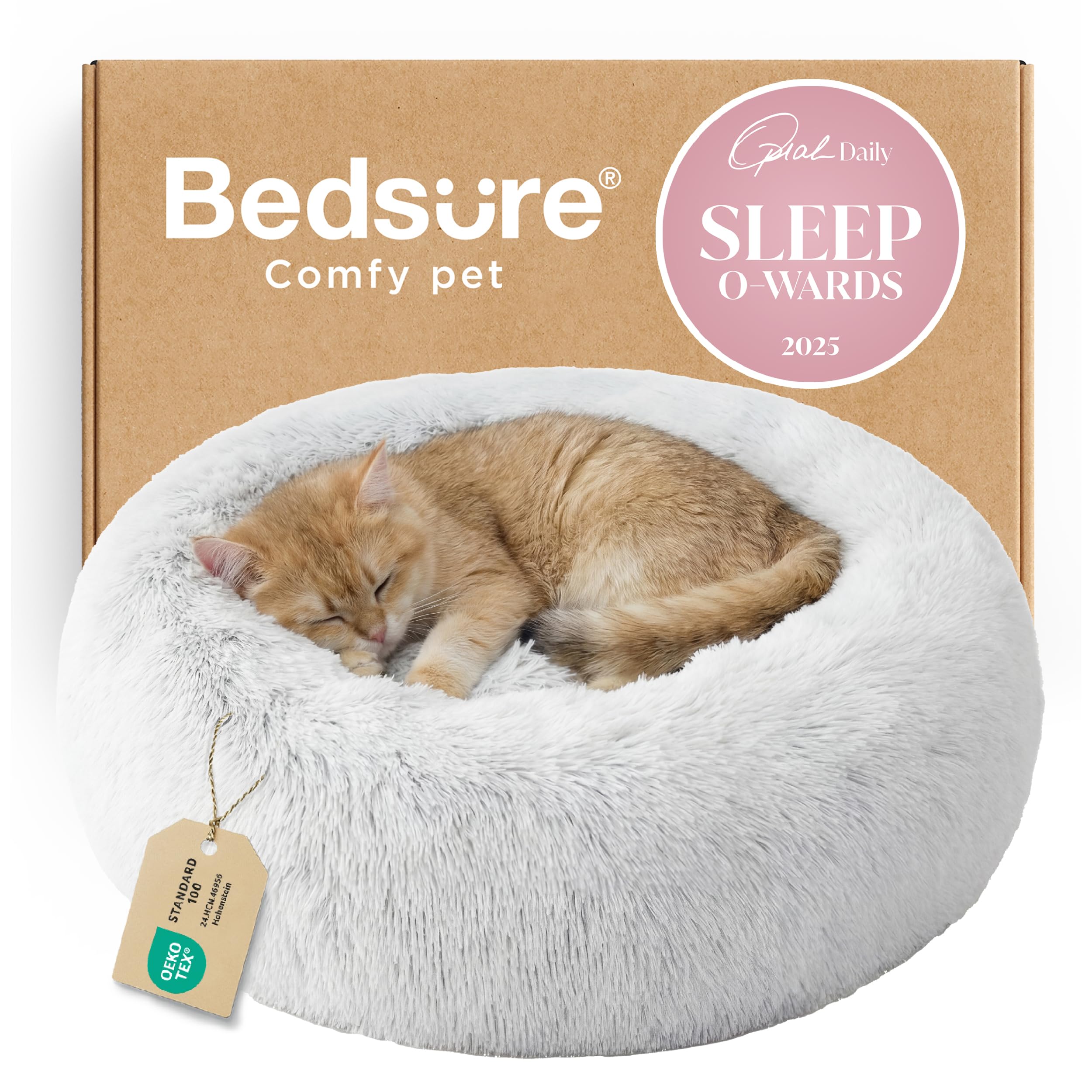 Bedsure Calming Cat Beds for Indoor Cats - Small Cat Bed Washable 20 inches, Anti-Slip Round Fluffy Plush Faux Fur Pet Bed, Fits up to 15 lbs Pets, Frost Grey
