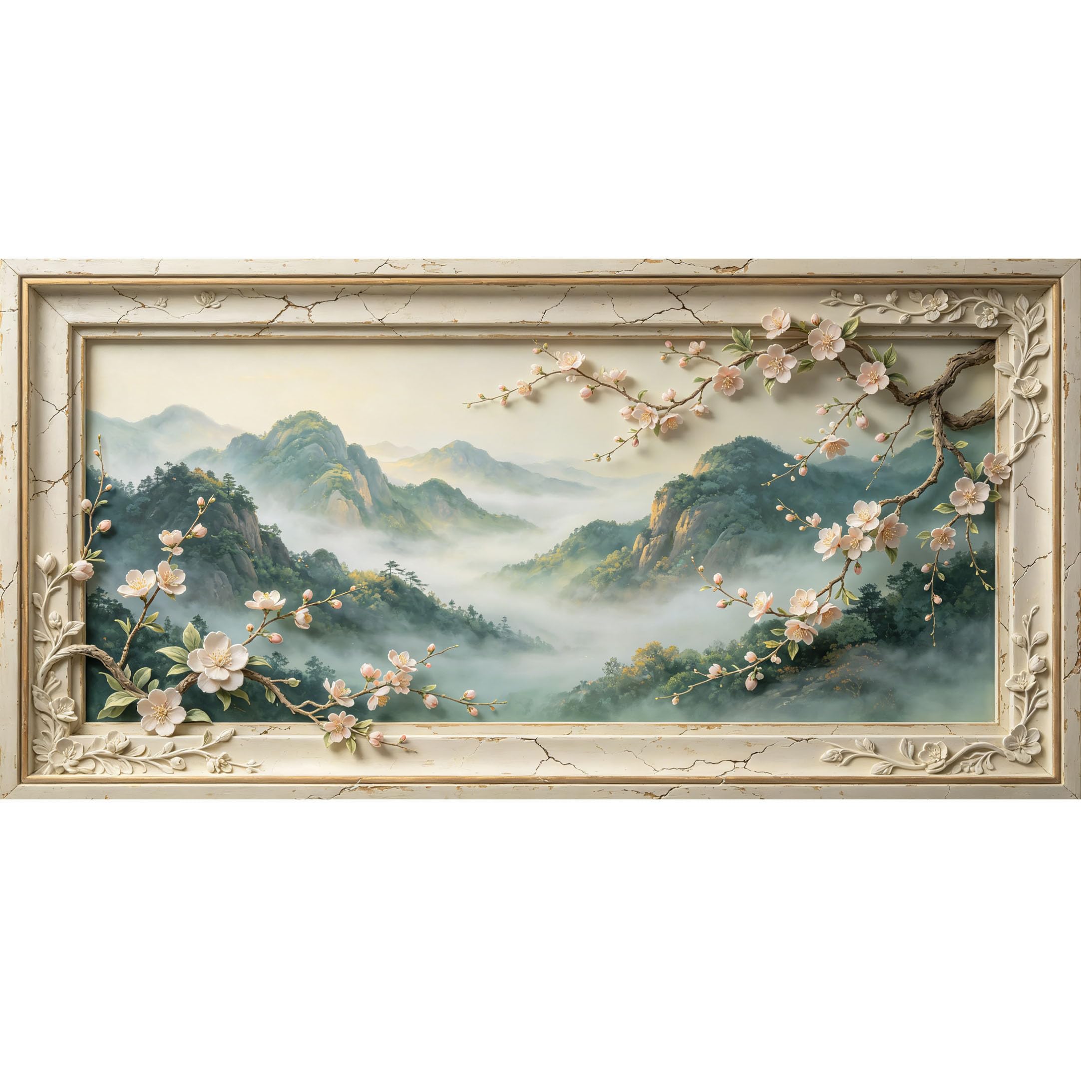 Agglomerix 3D Framed Wall Art Cherry Blossom Mountain Mist Landscape Botanical Trompe l'oeil Large Size SelfAdhesive Removable Wall Decor Prints Artwork for Living Room Bedroom Office