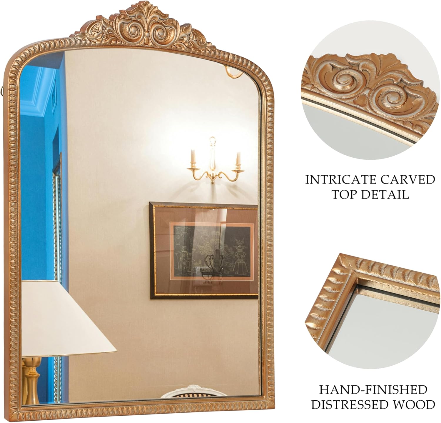 Vintage Arch Wall Mirror, Distressed Wood Frame with Ornate Carved Top, Antique Finish Hanging Mirror for Living Room, Bedroom, Entryway, and Bathroom, 35x25 Inch (Vintage Brass Gold)