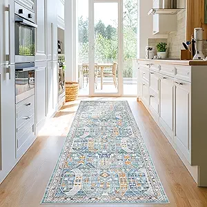 Madane Runner Rug 2'6''x8' Kitchen Runner, Hallway Runner Printed Vintage Washable Rugs Soft Non-Slip Low Pile Runners for Hallways Laundry Room Distressed Carpet, Blue/Gold