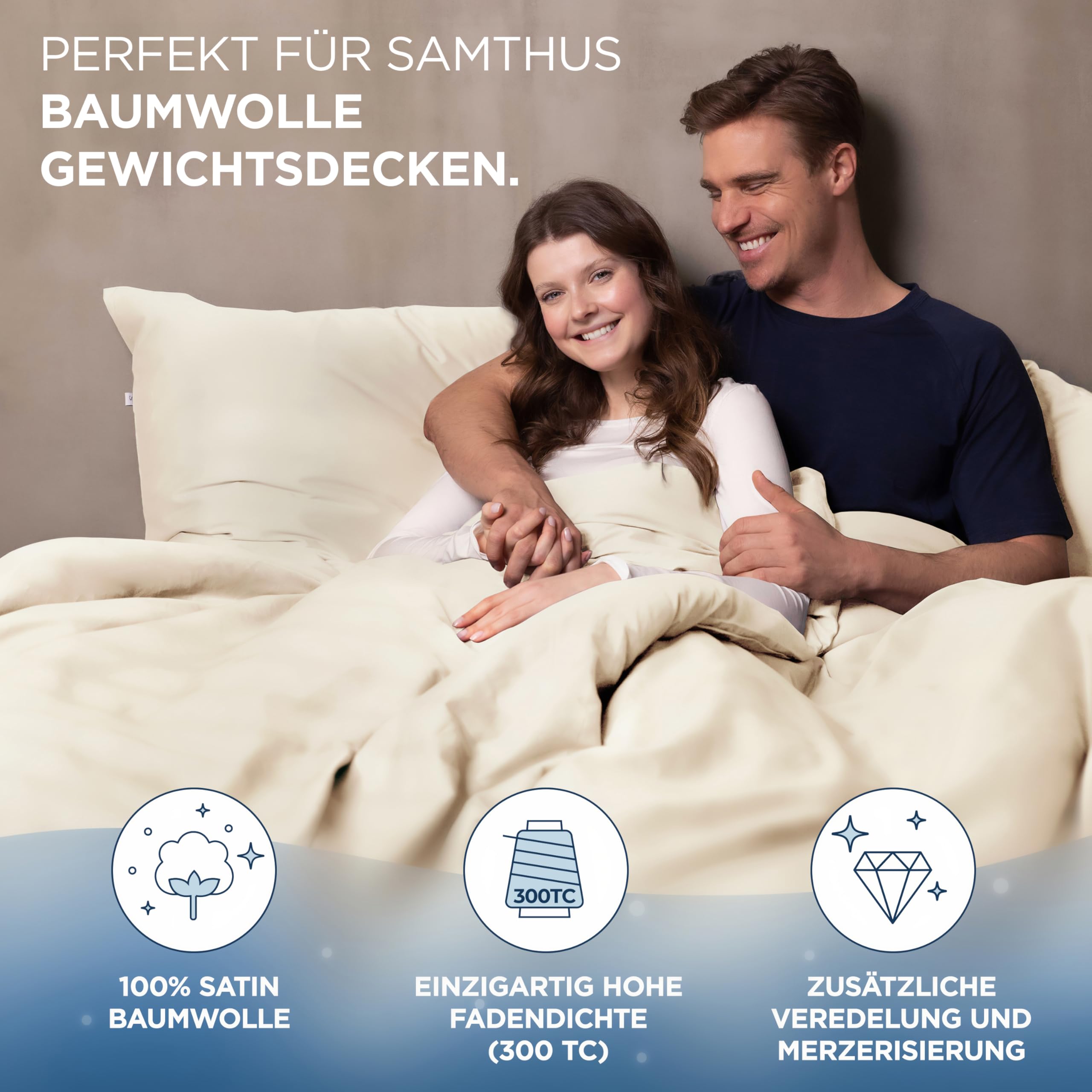 Samthus Pościel 155 x 220 – bawełniana satyna – Öko-Tex Made in Green – niebiańsko miękki sen z dopasowaną poszewką na kołdrę do naszych koców terapeutycznych – beżowa
