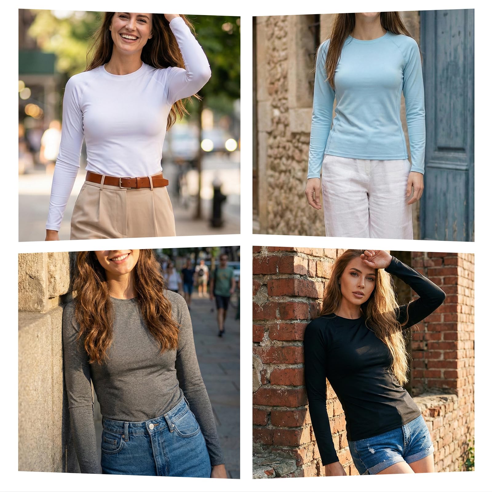 NuCamper Pack de 4 Camisetas Térmicas para Mujer Camiseta Cuello Redondo Mujer Manga Larga Basica Ropa Interior Ligera Termica Tops Elegante Elástica Suaves Ajustada T Shirts para Otoño e Invierno