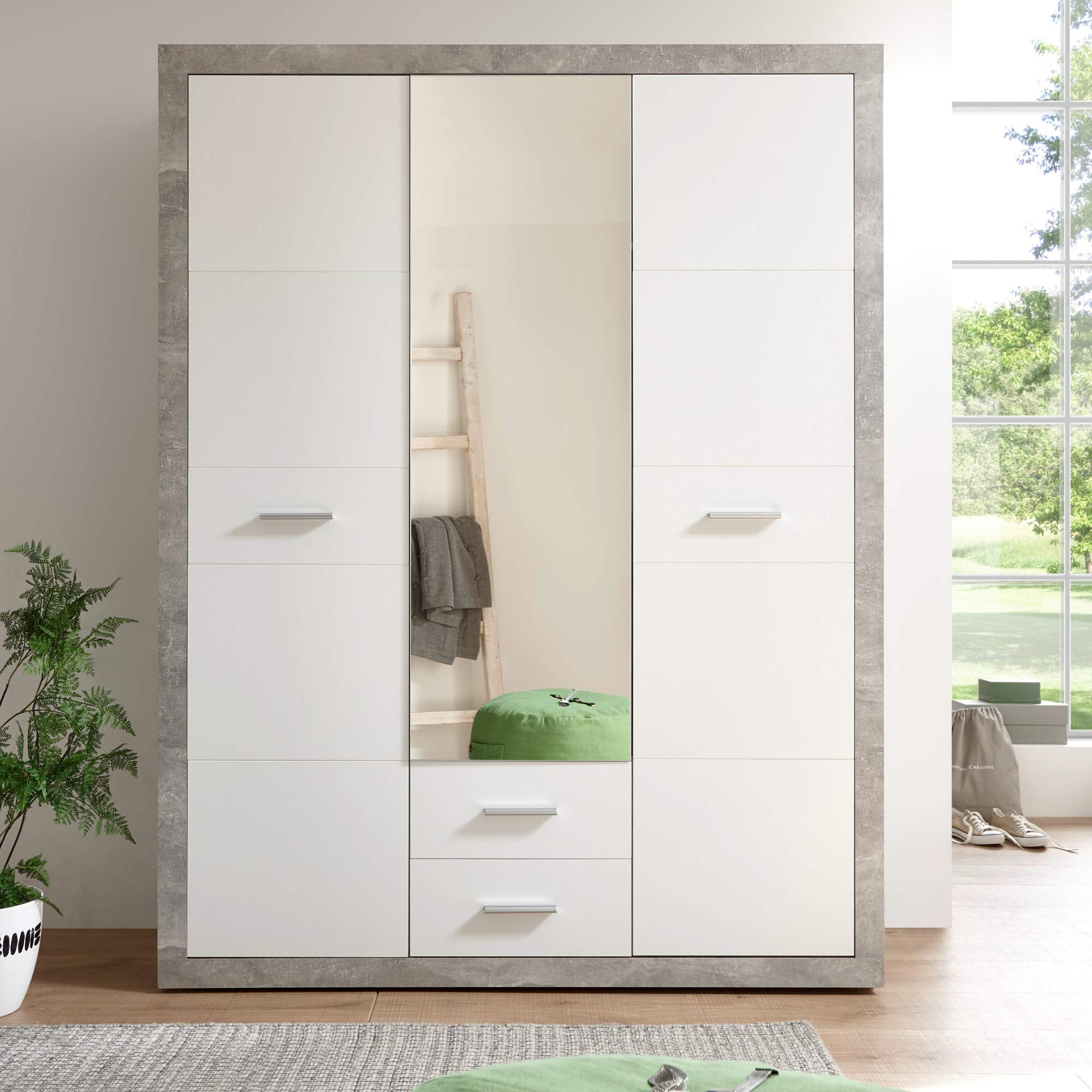 STONE Kleiderschrank Schrank Drehtürenschrank Beton-Optik Weiß mit Spiegel | 151 x 198 x 55 cm (B/H/T), Schlafzimmer, 3 Türen, Kleiderstange, inklusive Einlegeböden, viel Stauraum