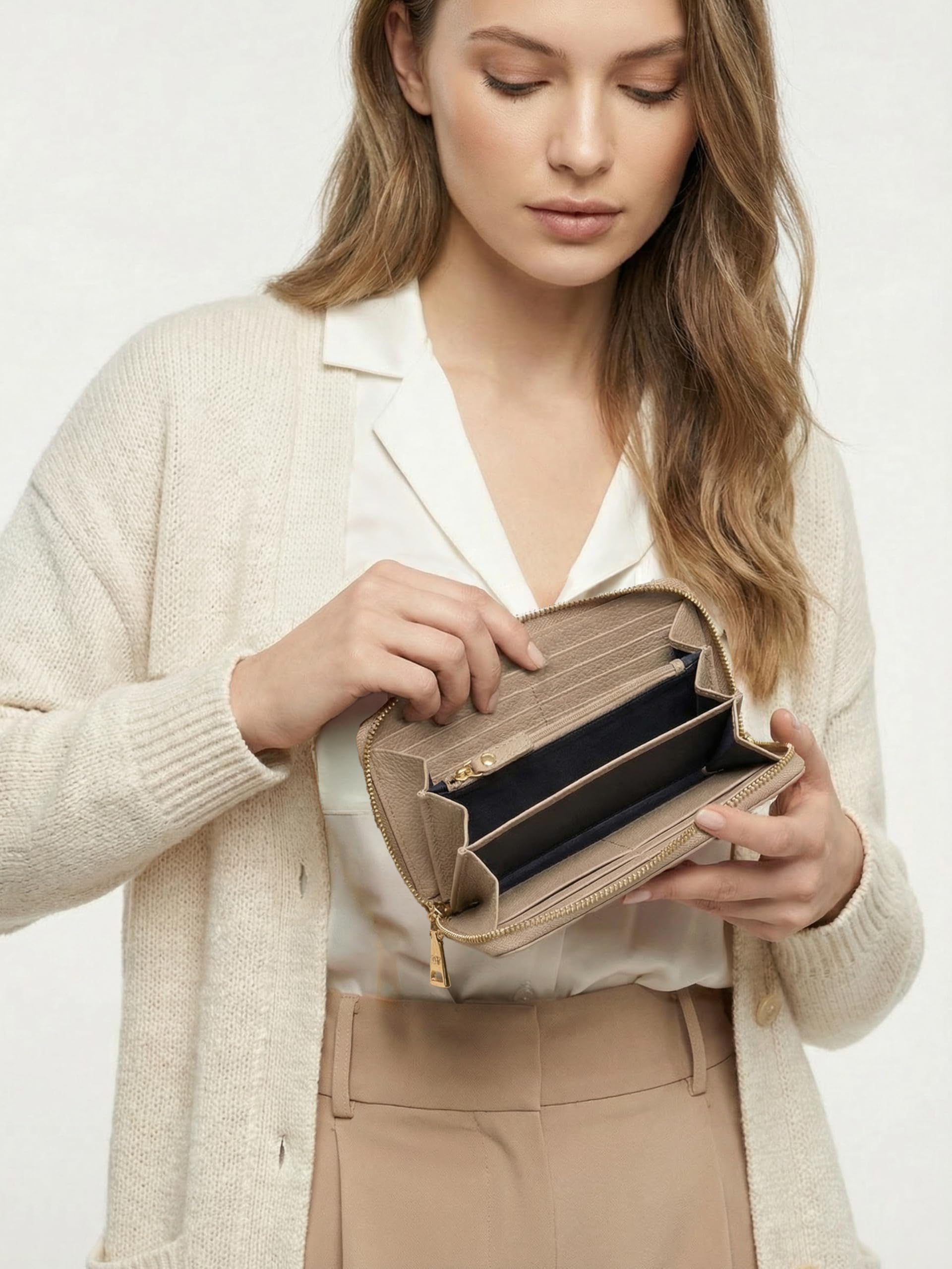 Lazarotti Bolonia - Cartera Grande de Piel para Mujer, Bolsillo Grande con Cremallera, 16 Ranuras para Tarjetas, Monedero, protección RFID, 19 x 4 x 10 cm, Arena, Talla única, Clásico