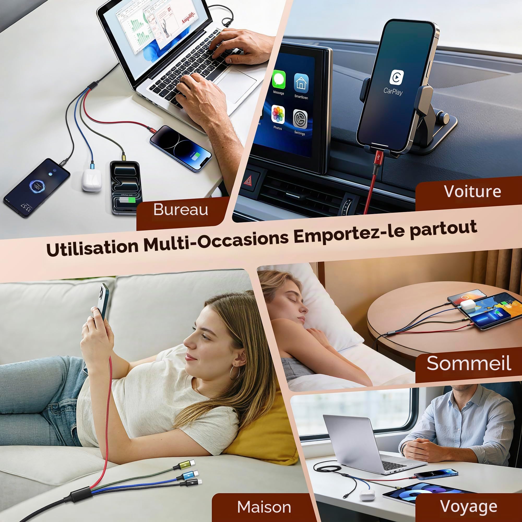 Minlu Câble de Charge Double Type C, Câble Multi USB 4 en 2 [3,5A 1,8M] Câble de Charge Rapide USB A/C vers 2*USB-C+Lightning+Micro, Câble USB pour iPhone 17,16,15,14,13,12/Galaxy/Android/Tablette