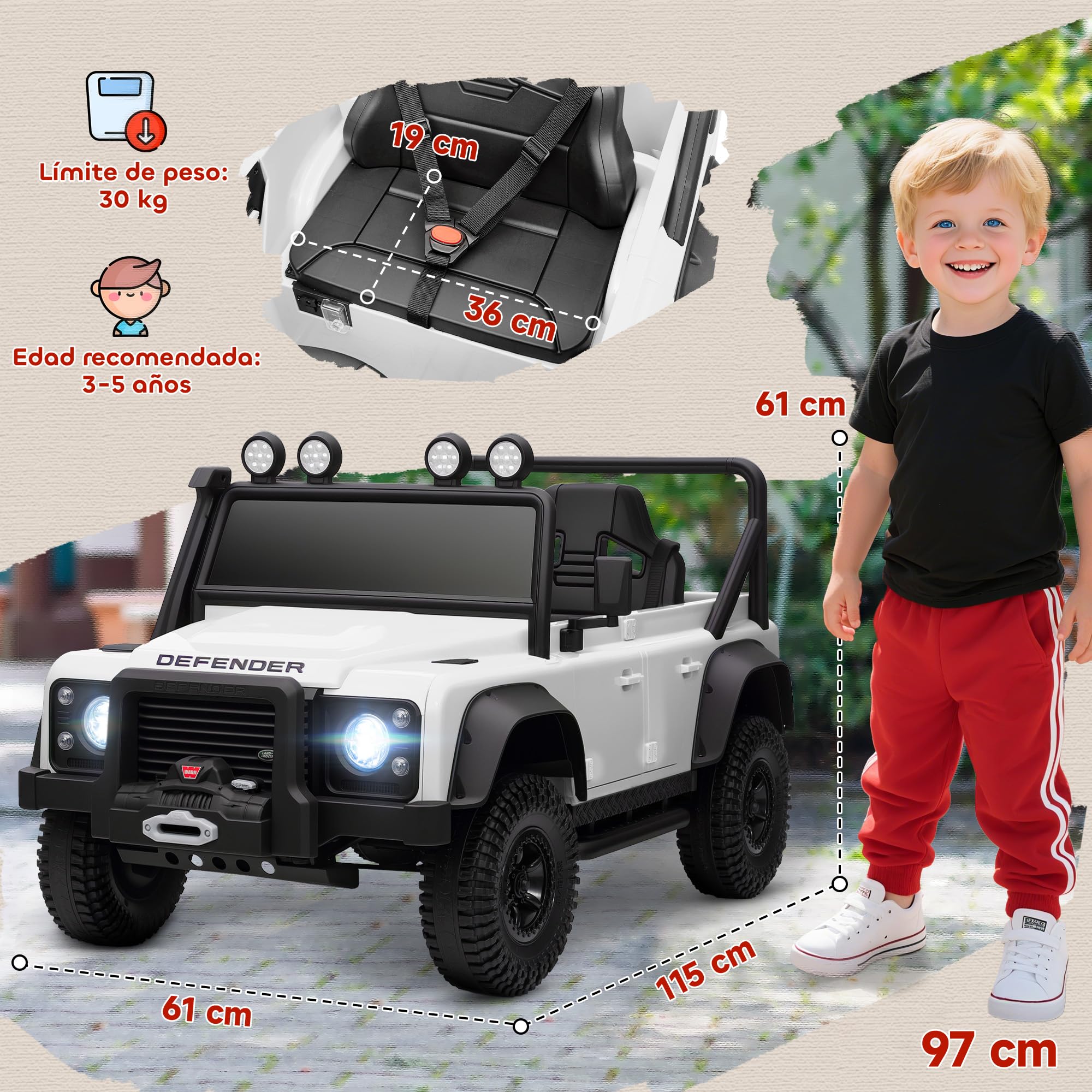 AIYAPLAY Coche Eléctrico para Niños con Licencia Land Rover 12V Coche de Batería para Niños con Control Remoto Sistema de Suspensión USB MP3 Velocidad Ajustable Faros Blanco