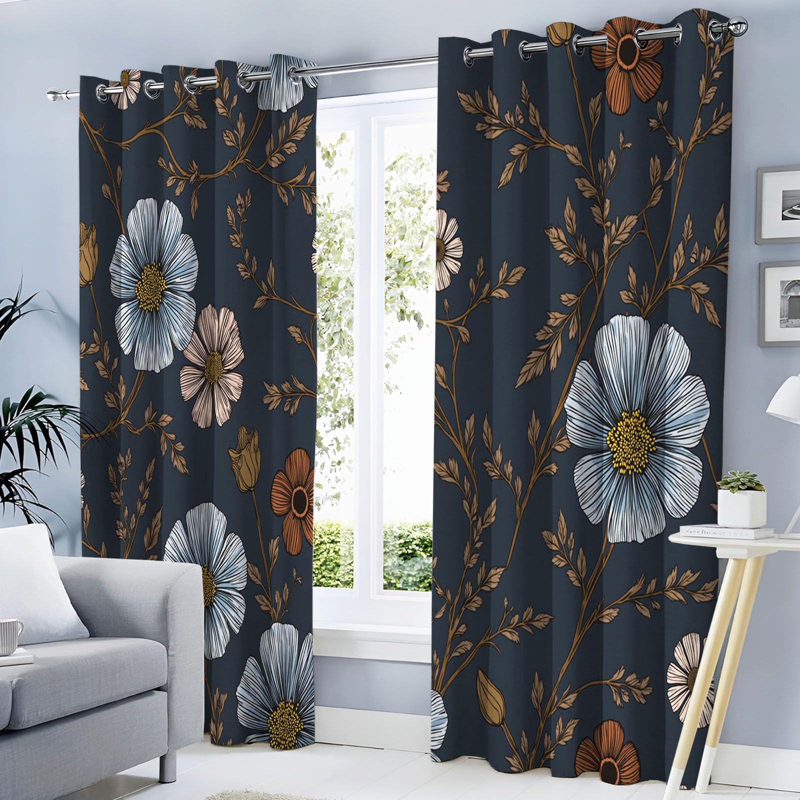 Rideau avec oeillets occultant anti froid lot de 2 fleurs pour fenêtres