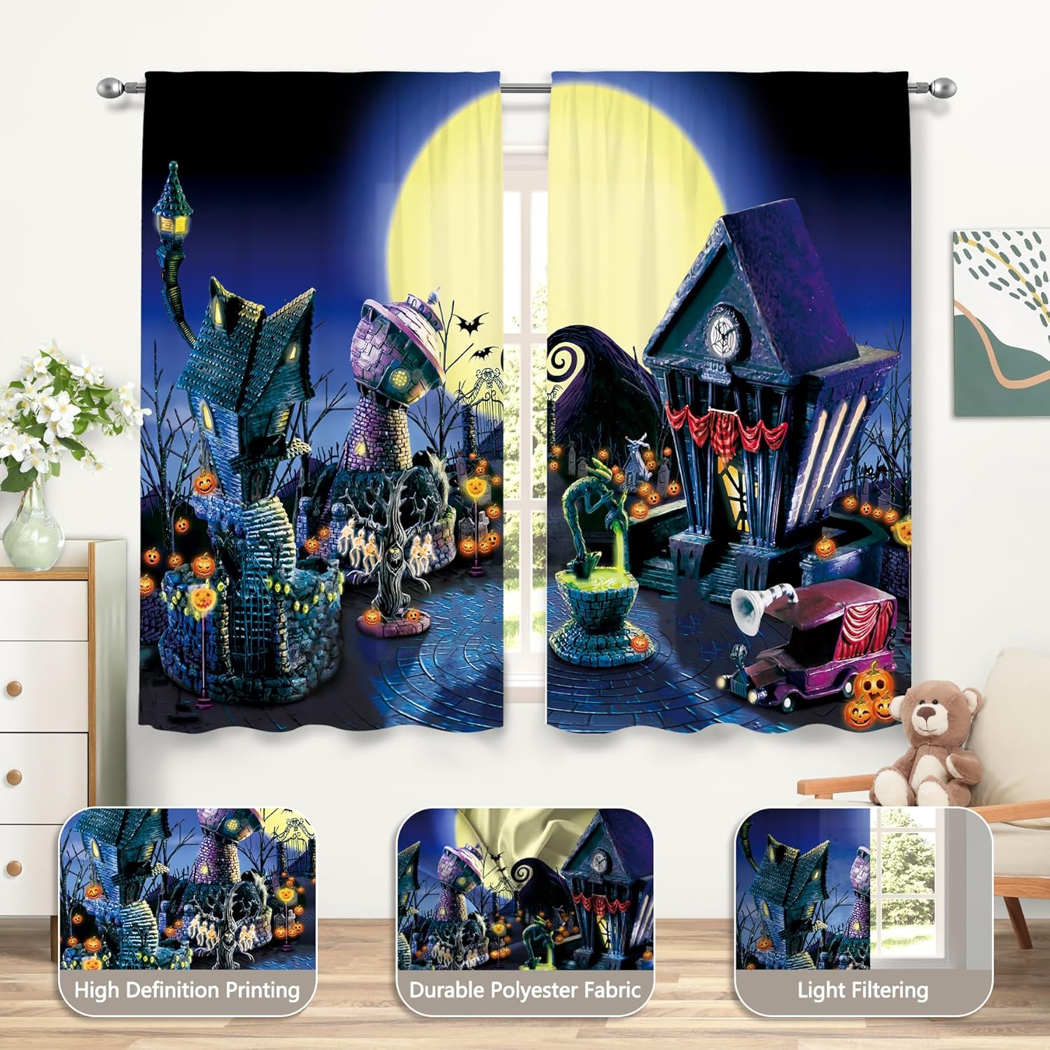 ZTHMOE Halloween Nightmare Curtains Pumpkin Full Moon Night Spooky Town Ghost Christmas Rod Pocket Window Treatment Drapes for Bedroom Living Room 2 Panels Set 52x64.5 Inch