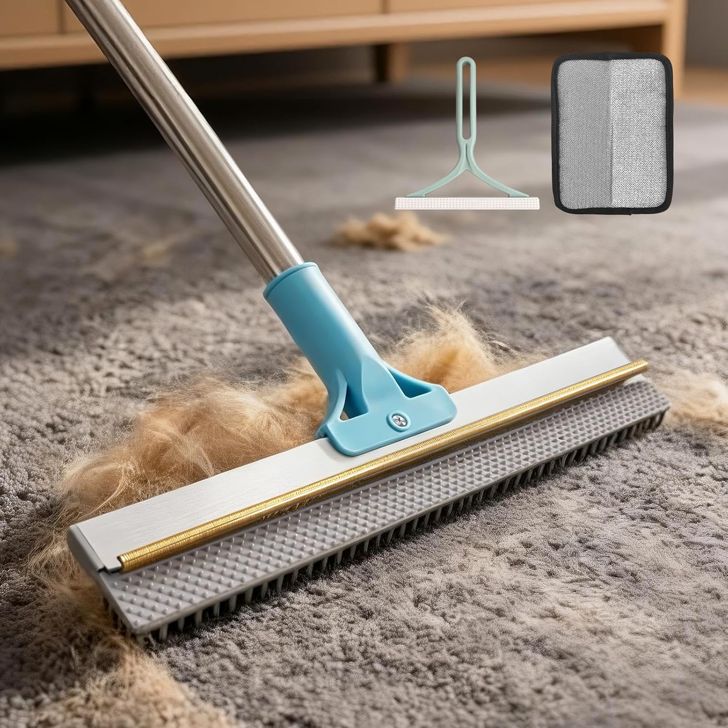 BFNN Carpet Rake for Pet Hair Removal | Reusable Dual-Action Carpet Broom Tool with Metal Scraper & Silicone Brush | 54" Adjustable Handle | 3Pcs Cat & Dog Fur Cleaning Kit for Rugs, Couch & Furniture