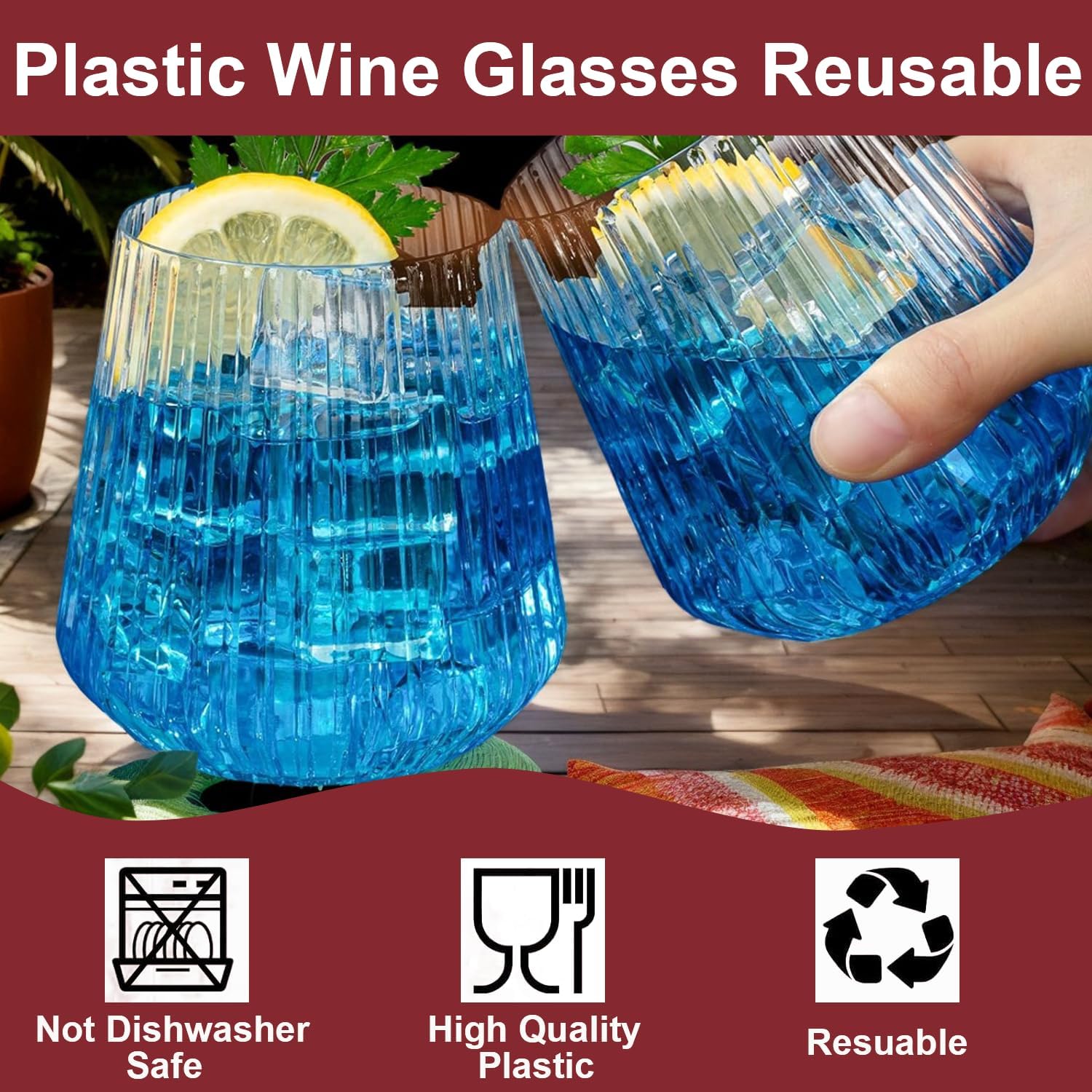 8er-Set 400 Ml Kunststoff-Weingläser – Transparent, Unzerbrechlich – Geriffeltes Design – Wiederverwendbar Für Camping, Partys & Picknicks BPA-frei Kunststoff