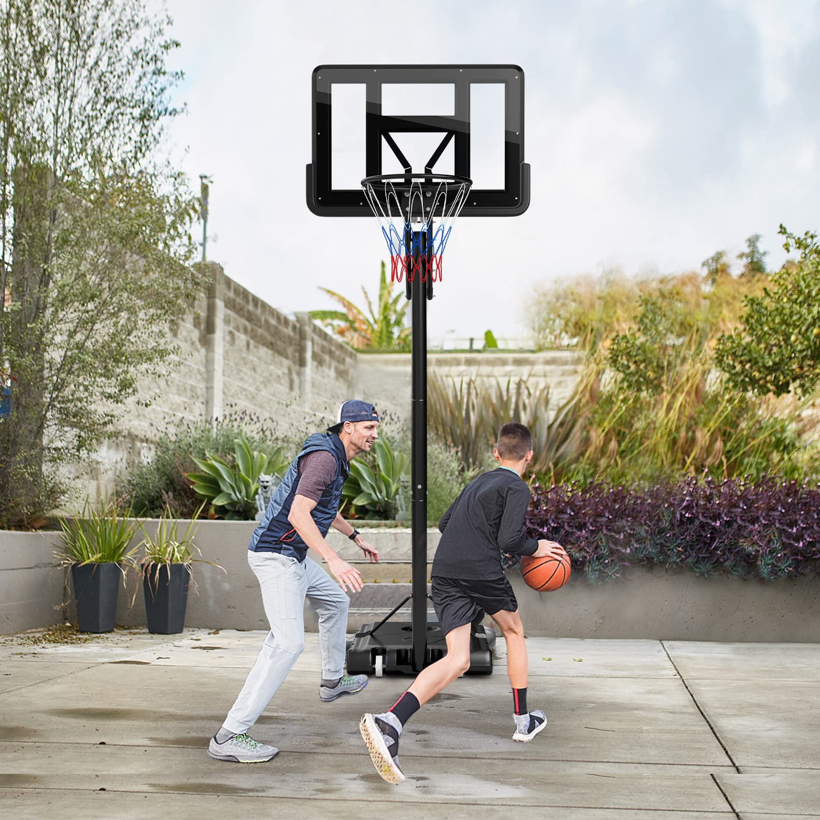 GYMAX Canestro da Basket Portatile, Canestro Basket Regolabile in Altezza 143-305 cm con Tabellone in PET, Cerchio in Metallo Solido da 48 cm e 2 Ruote, per Adulti, Adolescenti