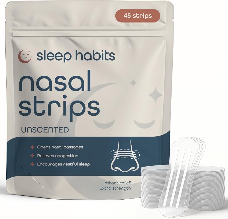 SleepHabits 45 tiras de respiración, tiras nasales probadas no tóxicas para respirar y dormir | Tiras nasales para solución de ronquidos | Alivio de la congestión extra fuerte | Tiras nasales para dormir, sin perfume