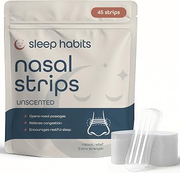 SleepHabits 45PC Breathing Strips, Non-Toxic Tested Nose Strips for Breathing & Sleep | Nasal Strips for Snoring Solution | Extra Strength Congestion Relief | Nasal Strips for Sleeping, Unscented