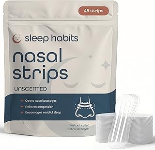 SleepHabits 45PC Breathing Strips, Non-Toxic Tested Nose Strips for Breathing & Sleep | Nasal Strips for Snoring Solution | Extra Strength for Sensitive Skin | Nasal Strips for Sleeping, Unscented