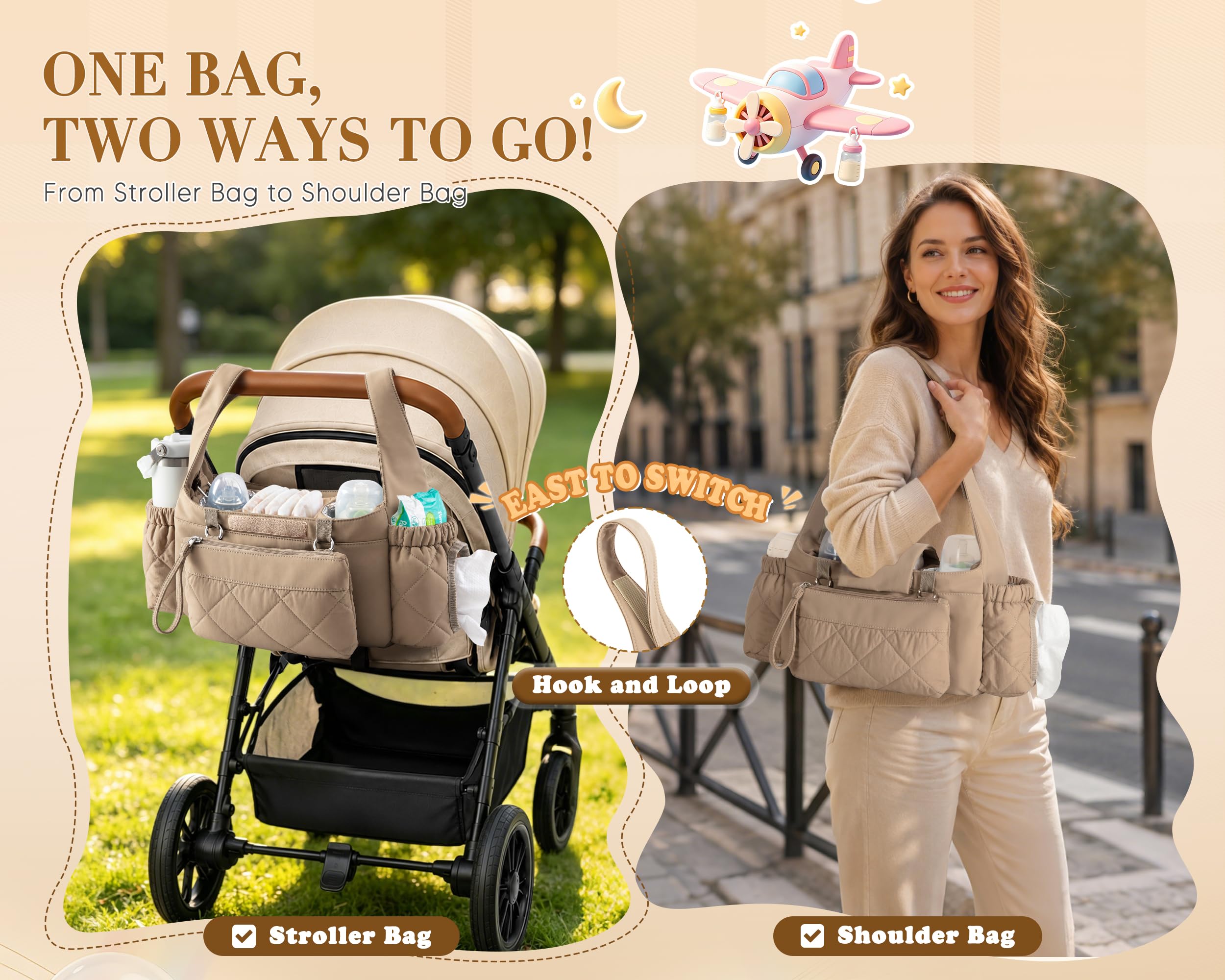 Marscamd Kinderwagen-Organizer mit doppelt isolierten Getränkehaltern, Camel | 3 Tragemöglichkeiten, mit abnehmbarer Handgelenktasche, Feuchttuchspender und großem Flaschenhalter, gestepptes Design