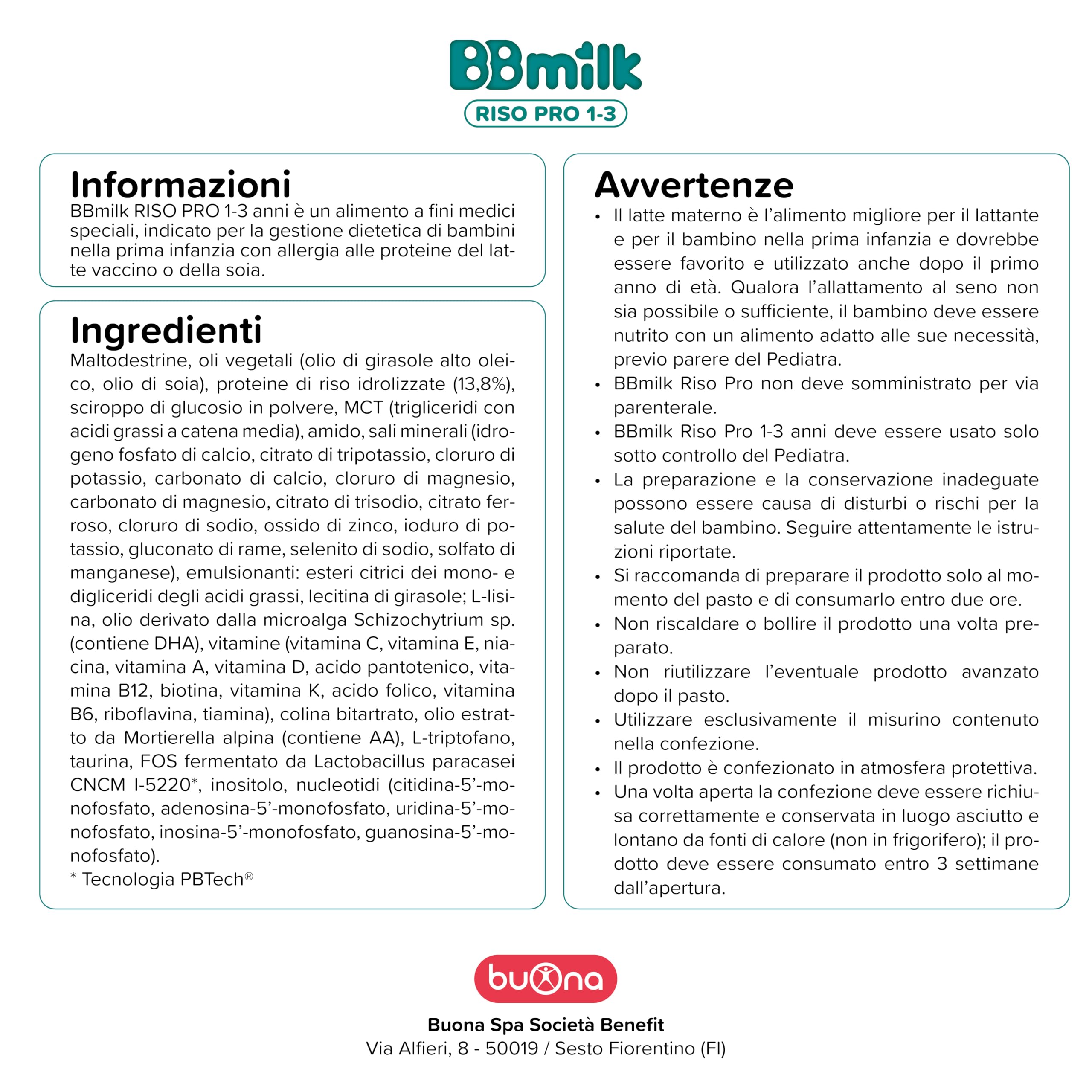 Buona BB Milk RISO PRO 1-3 Anni 400g, Alimento alternativo al Latte in Polvere per Bambini con Disturbi alle Proteine del Latte Vaccino o della Soia, con DHA, Calcio e Nucleotidi