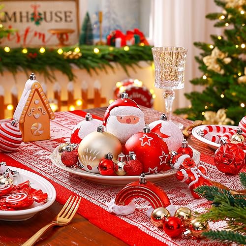 Miniatura 5 de Alupssuc Juego de 65 bolas de Navidad, bolas de plástico inastillables, casa de jengibre y decoración de árbol de Navidad, vacaciones, boda, fiesta,