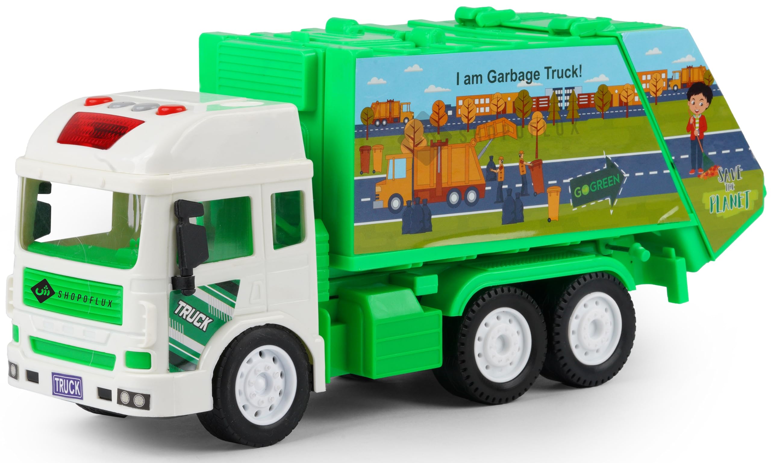 SHOPOFLUX Construction Garbage Truck Toy With Light & Sound, Friction Powered City Clean Up Push and Go Toy for Kids, Boys and Girls Aged 3+ Year