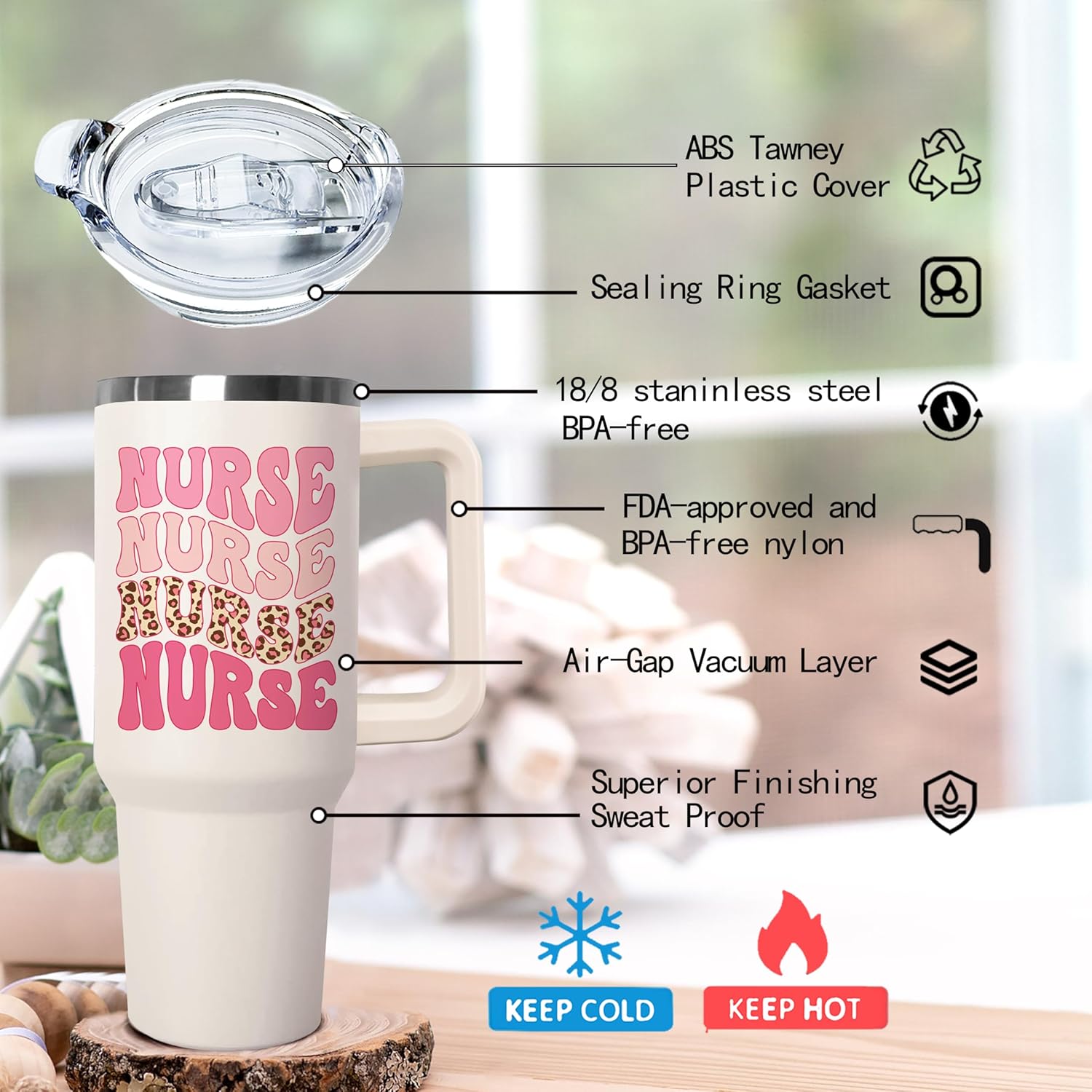 Ceovfoi 40 oz Nurse Vacuum Insulated Water Bottle Travel Coffee Mug Cup Tumbler with Handle Lid and Straw,Nurse Gifts for Women